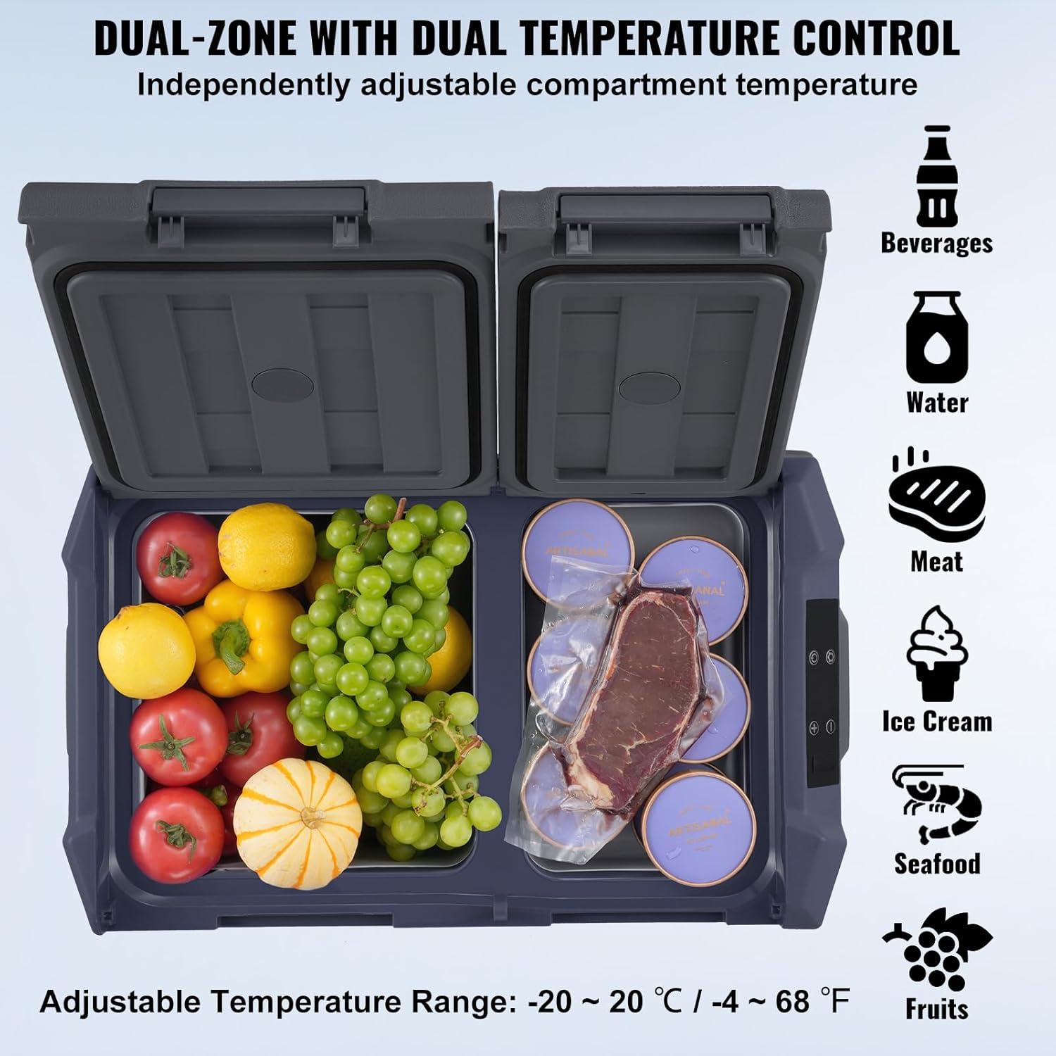 imageVEVOR NLS45 12 Volt Car Refrigerator Fridge 32 L Dual Zone Portable Freezer 468 Adjustable Range 1224V DC and 100240V AC Compressor Cooler for Outdoor Camping RV Bule and greyDual Zone 338QT
