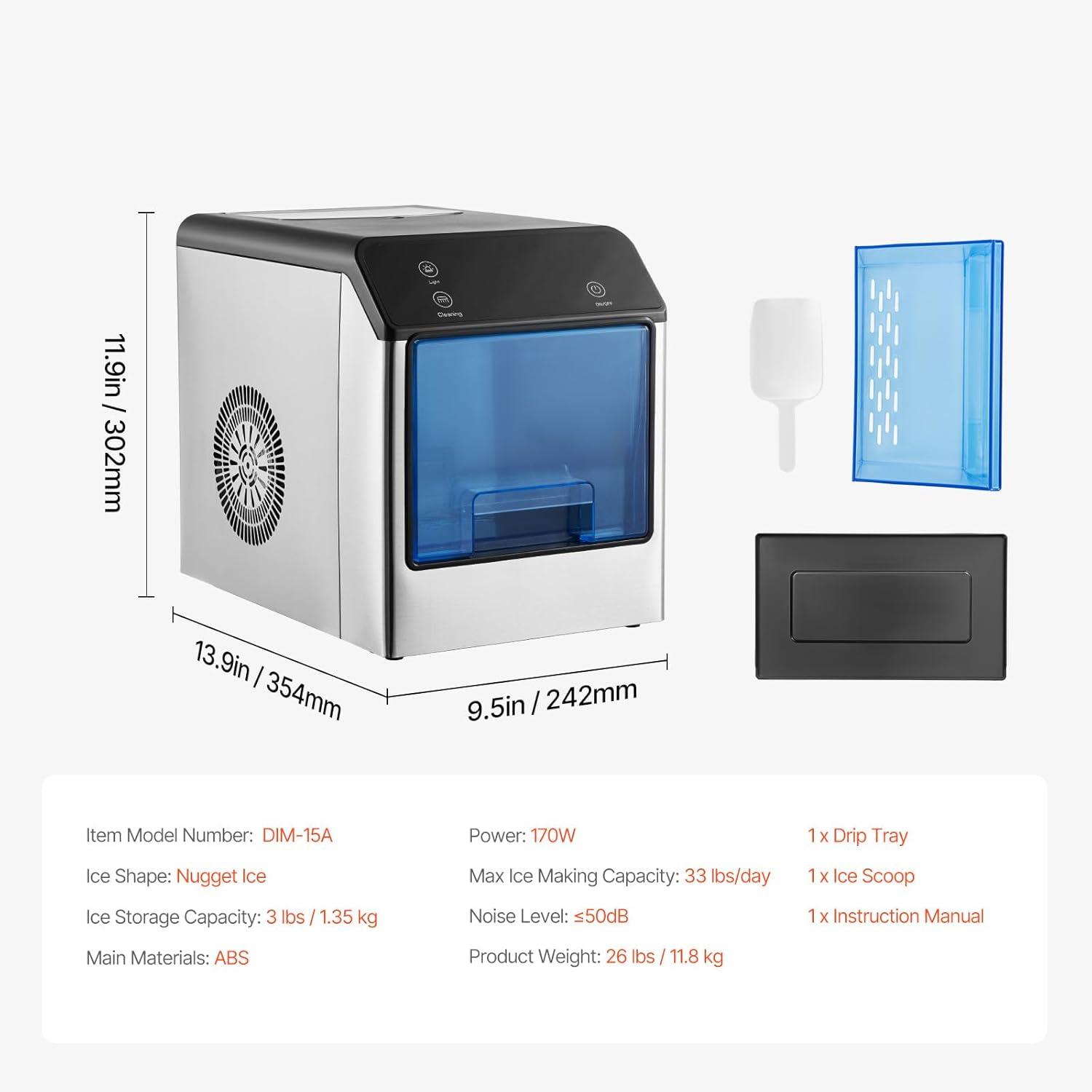 imageVEVOR Nugget Ice Maker 33lbs24H Pebble Ice Maker with Self Cleaning Chewable Ice Maker with Ice Scoop ampamp Drip Tray Stainless Steel Ice Machine with Convenient Ice Transfer for Home Kitchen Office