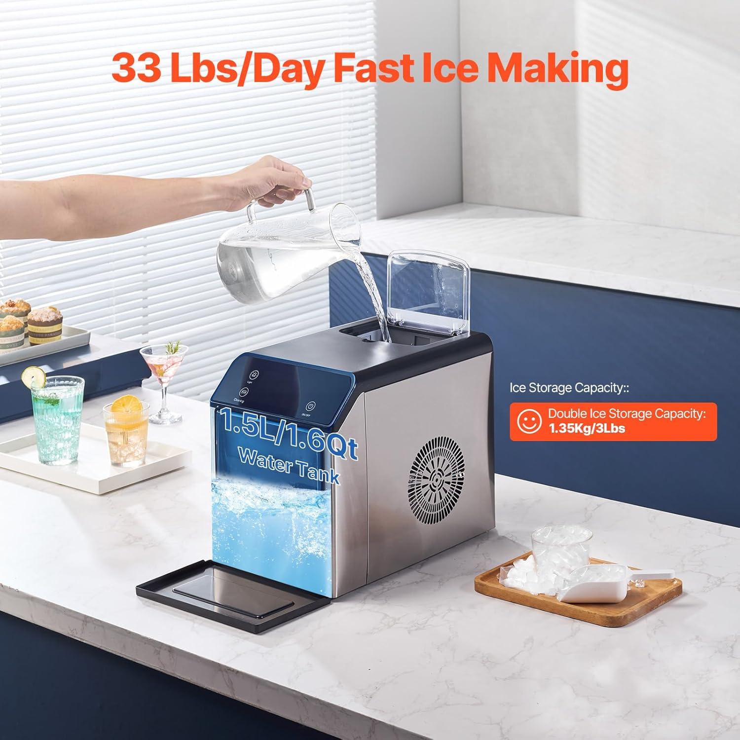 imageVEVOR Nugget Ice Maker 33lbs24H Pebble Ice Maker with Self Cleaning Chewable Ice Maker with Ice Scoop ampamp Drip Tray Stainless Steel Ice Machine with Convenient Ice Transfer for Home Kitchen Office