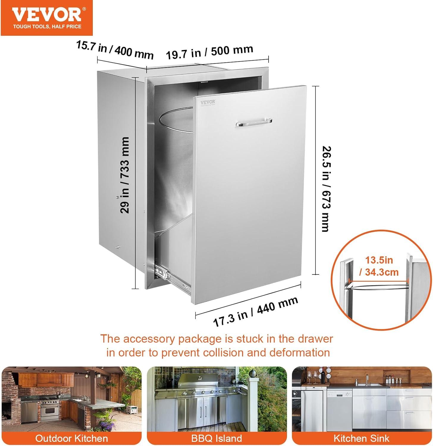 imageVEVOR Outdoor Kitchen Trash Drawer 197quotW x 29quotH x 157quotD Inch Outdoor Kitchen Drawers Stainless Steel for Outdoor BBQ Island KitchenBin