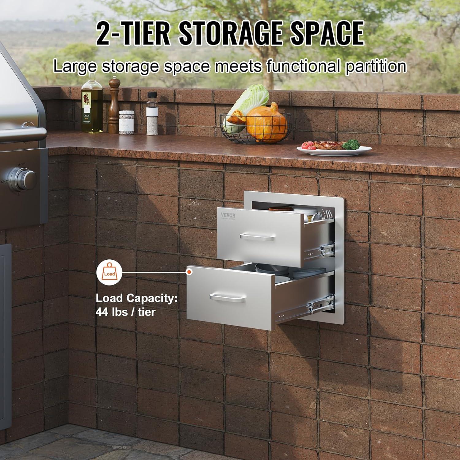 imageVEVOR Outdoor Kitchen Trash Drawer 197quotW x 29quotH x 157quotD Inch Outdoor Kitchen Drawers Stainless Steel for Outdoor BBQ Island KitchenDouble Access Drawer