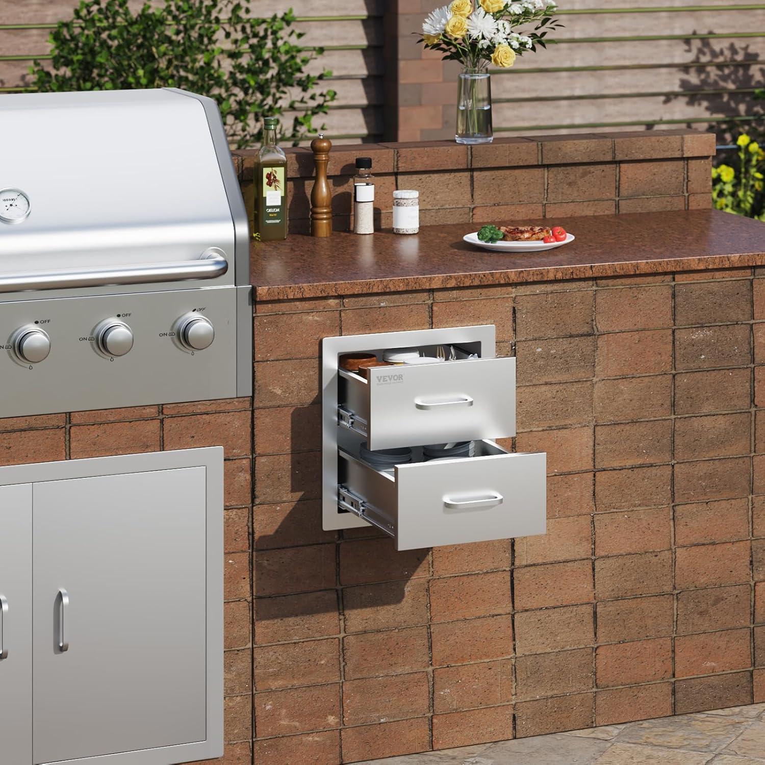imageVEVOR Outdoor Kitchen Trash Drawer 197quotW x 29quotH x 157quotD Inch Outdoor Kitchen Drawers Stainless Steel for Outdoor BBQ Island KitchenDouble Access Drawer