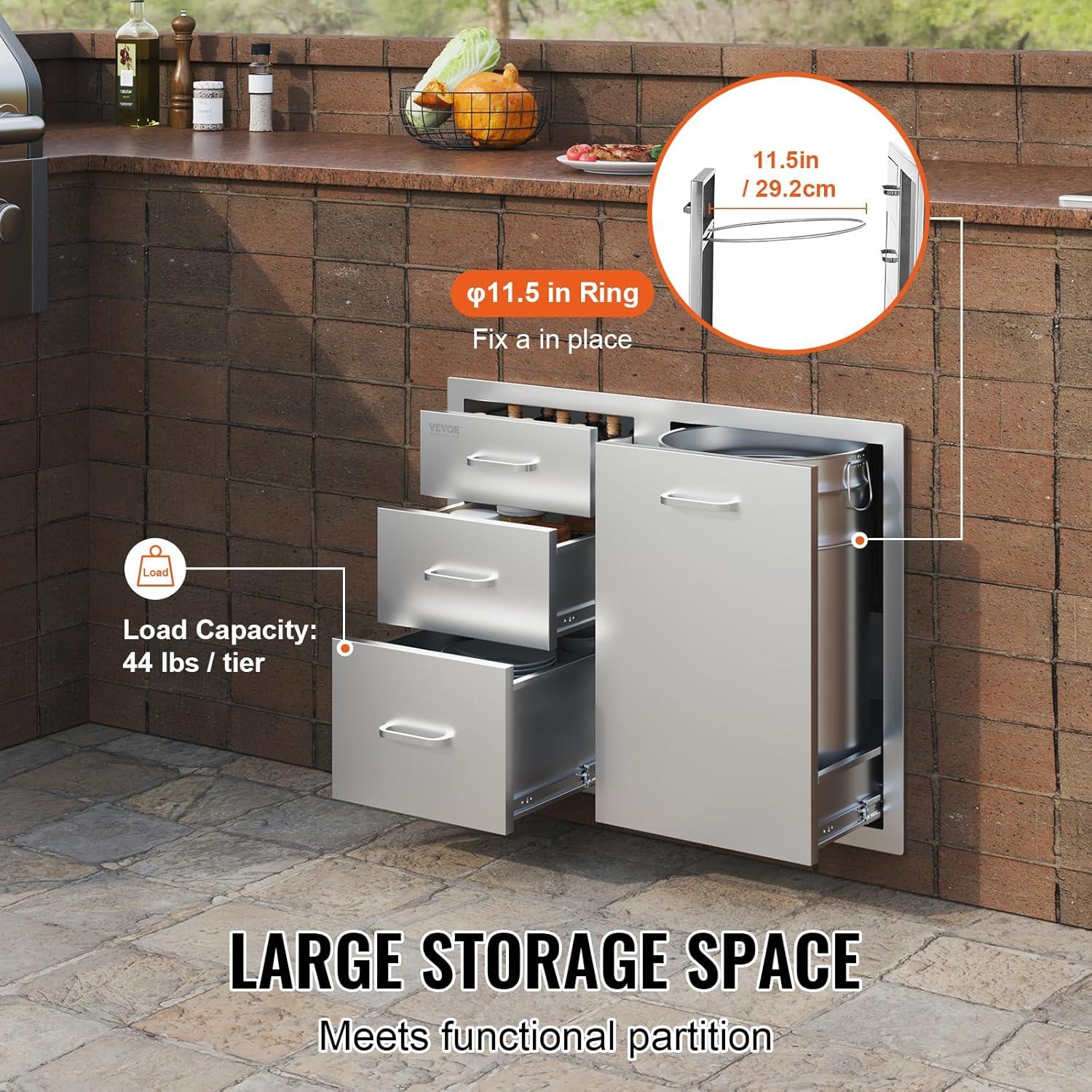 imageVEVOR Outdoor Kitchen Trash Drawer 197quotW x 29quotH x 157quotD Inch Outdoor Kitchen Drawers Stainless Steel for Outdoor BBQ Island KitchenDrawer and Door Combo