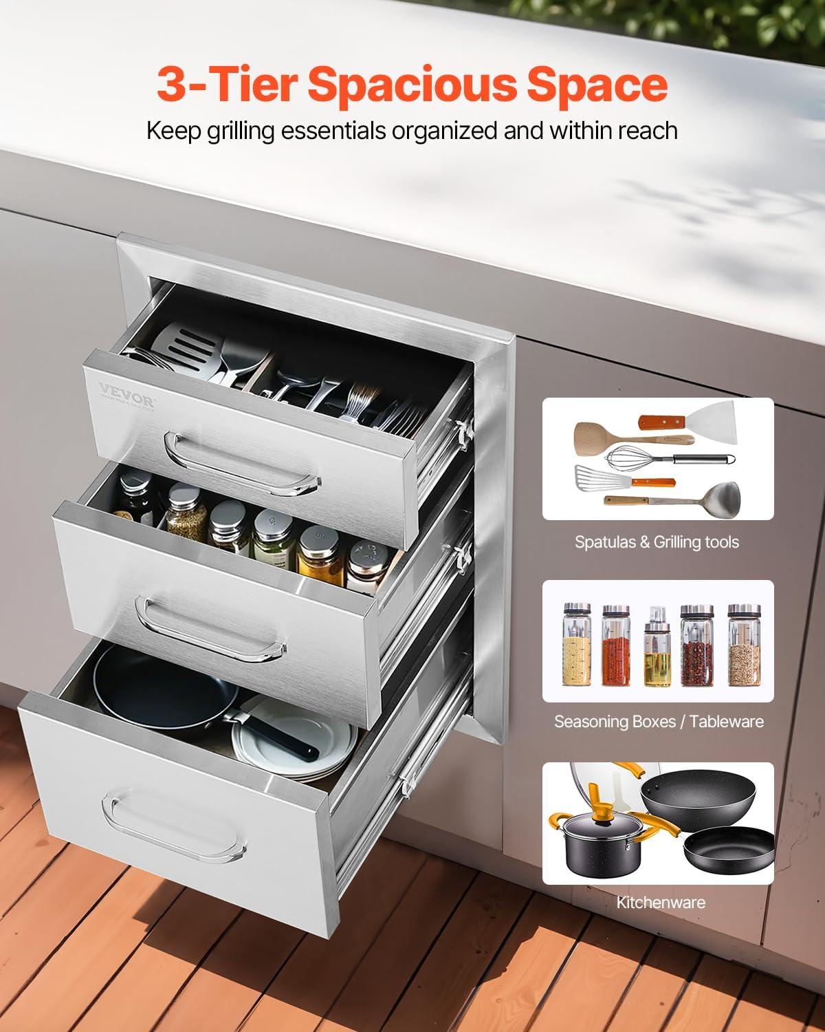 imageVEVOR Outdoor Kitchen Trash Drawer 197quotW x 29quotH x 157quotD Inch Outdoor Kitchen Drawers Stainless Steel for Outdoor BBQ Island KitchenTriple Access Drawer