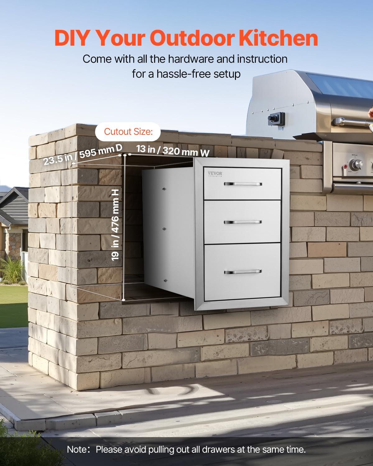 imageVEVOR Outdoor Kitchen Trash Drawer 197quotW x 29quotH x 157quotD Inch Outdoor Kitchen Drawers Stainless Steel for Outdoor BBQ Island KitchenTriple Access Drawer