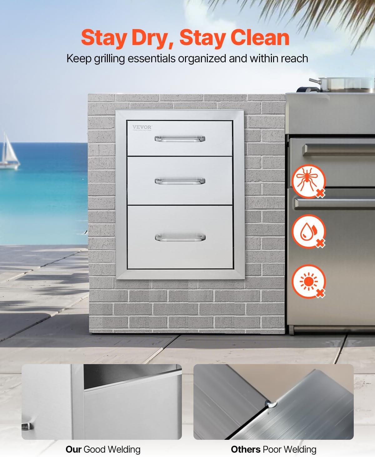 imageVEVOR Outdoor Kitchen Trash Drawer 197quotW x 29quotH x 157quotD Inch Outdoor Kitchen Drawers Stainless Steel for Outdoor BBQ Island KitchenTriple Access Drawer