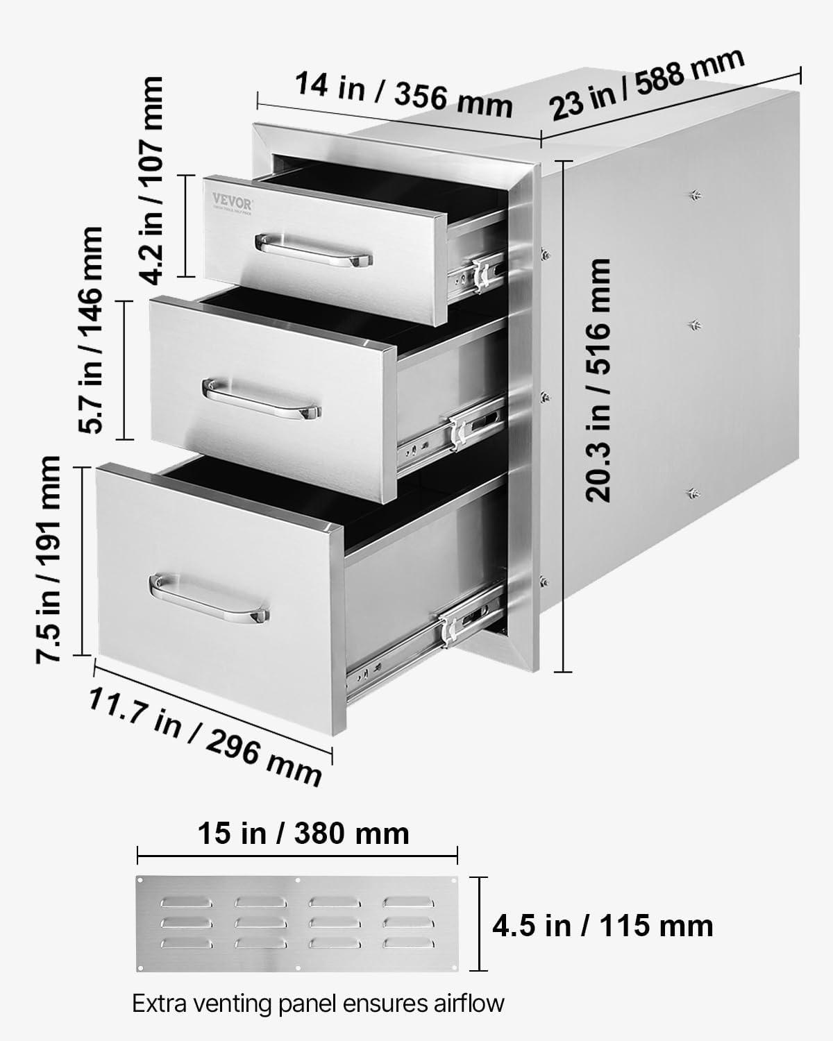 imageVEVOR Outdoor Kitchen Trash Drawer 197quotW x 29quotH x 157quotD Inch Outdoor Kitchen Drawers Stainless Steel for Outdoor BBQ Island KitchenTriple Access Drawer