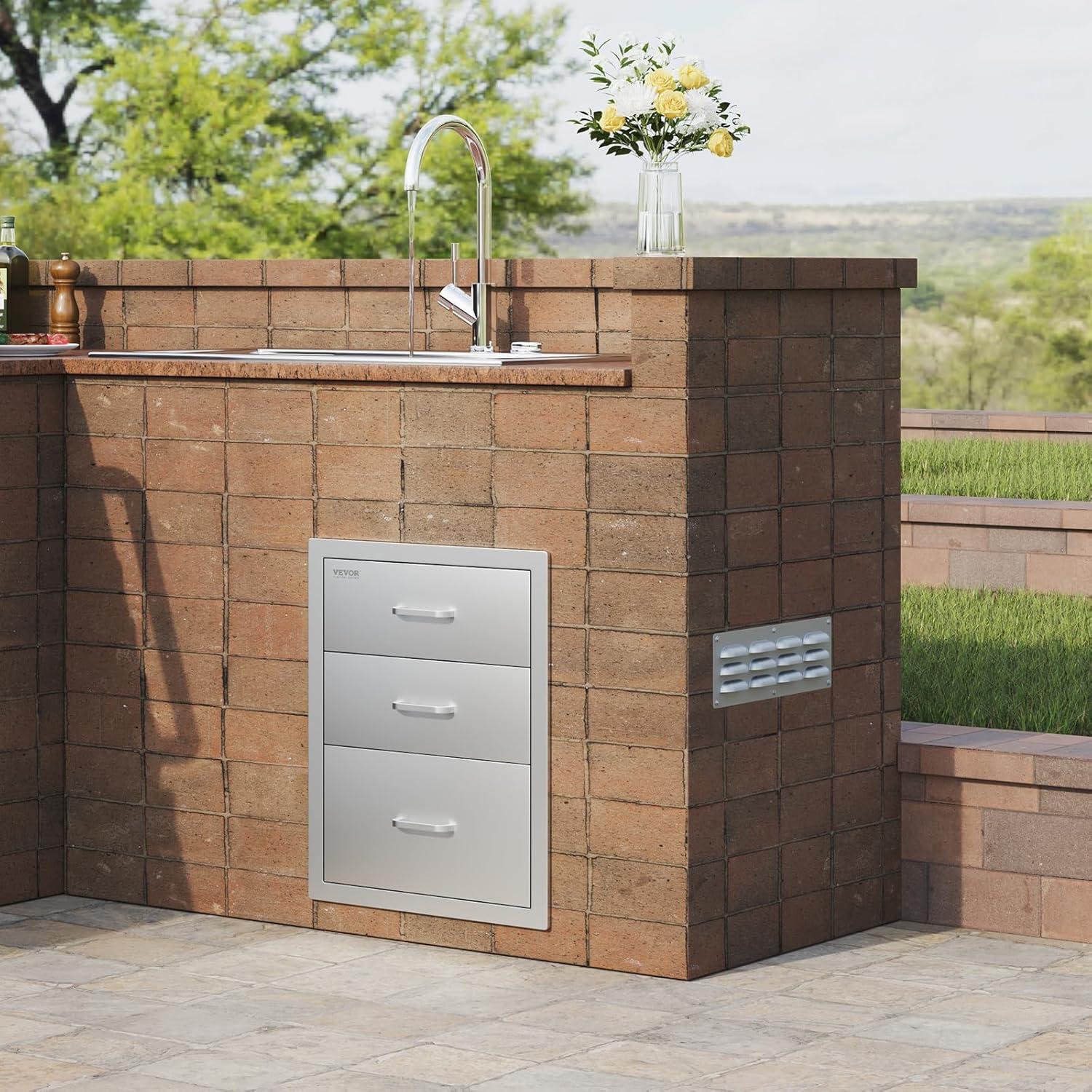 imageVEVOR Outdoor Kitchen Trash Drawer 197quotW x 29quotH x 157quotD Inch Outdoor Kitchen Drawers Stainless Steel for Outdoor BBQ Island KitchenTriple Access Drawer