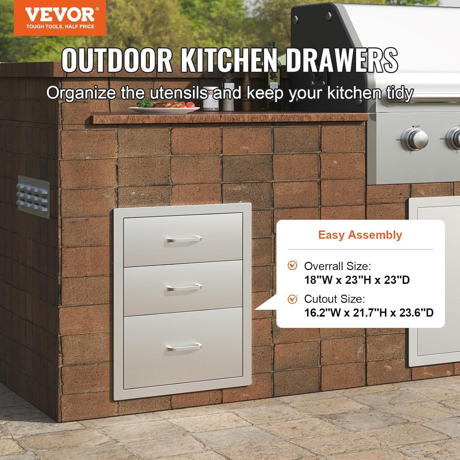 imageVEVOR Outdoor Kitchen Trash Drawer 197quotW x 29quotH x 157quotD Inch Outdoor Kitchen Drawers Stainless Steel for Outdoor BBQ Island KitchenTriple Access Drawer