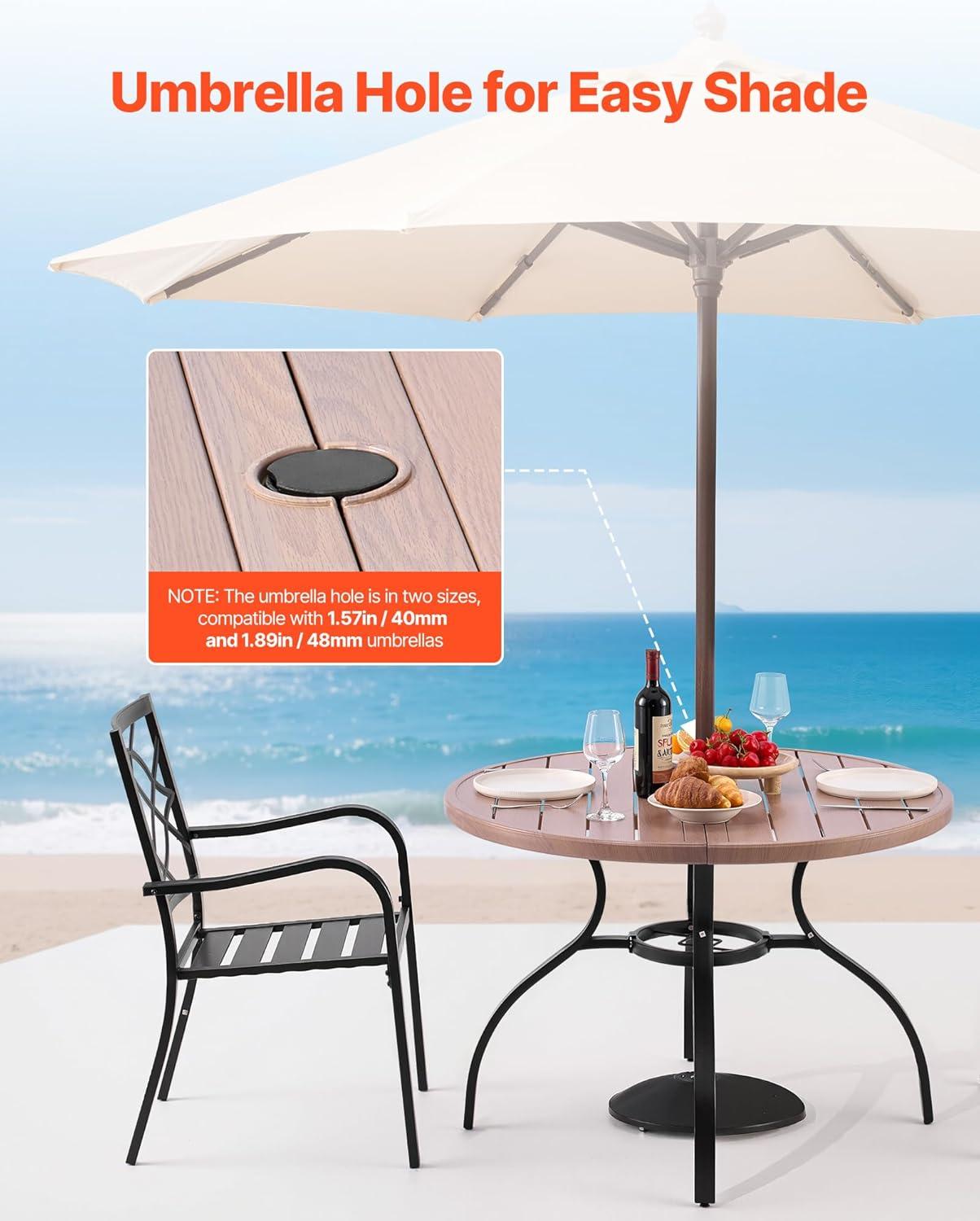imageVEVOR Outdoor Patio Dining Table 41 inch Round WoodLike Steel Slat Backyard Bistro Coffee Tables for 4 with 15 in Umbrella Hole Outside AllWeather Large Furniture for Lawn Garden Porch41 inch