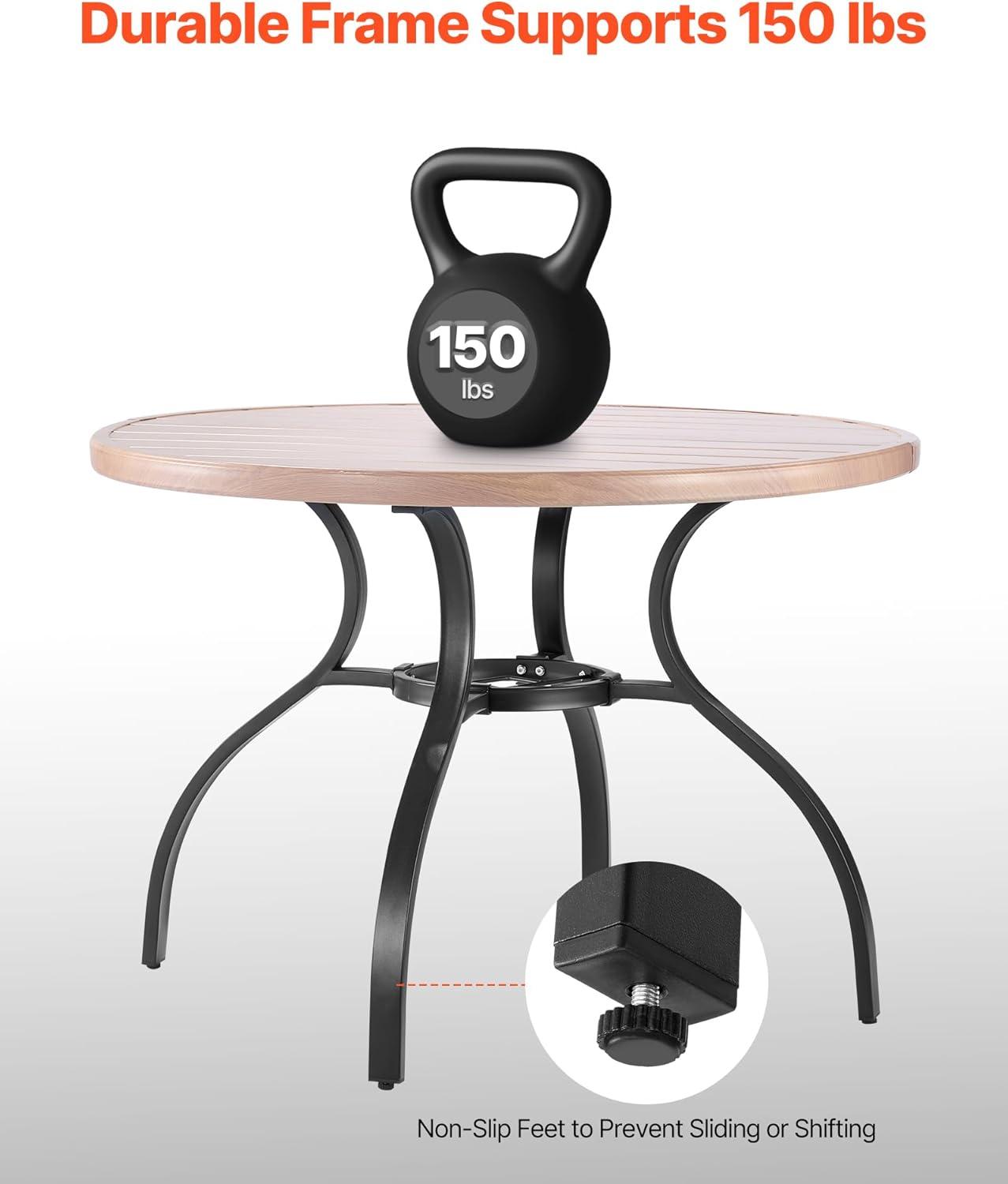 imageVEVOR Outdoor Patio Dining Table 41 inch Round WoodLike Steel Slat Backyard Bistro Coffee Tables for 4 with 15 in Umbrella Hole Outside AllWeather Large Furniture for Lawn Garden Porch41 inch