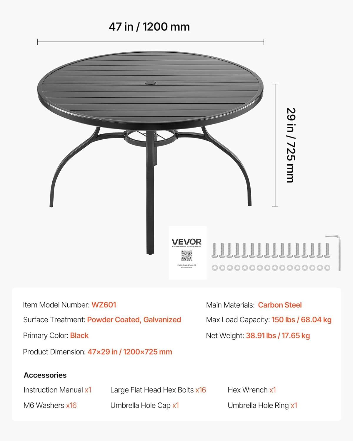 imageVEVOR Outdoor Patio Dining Table 41 inch Round WoodLike Steel Slat Backyard Bistro Coffee Tables for 4 with 15 in Umbrella Hole Outside AllWeather Large Furniture for Lawn Garden Porch47 inch