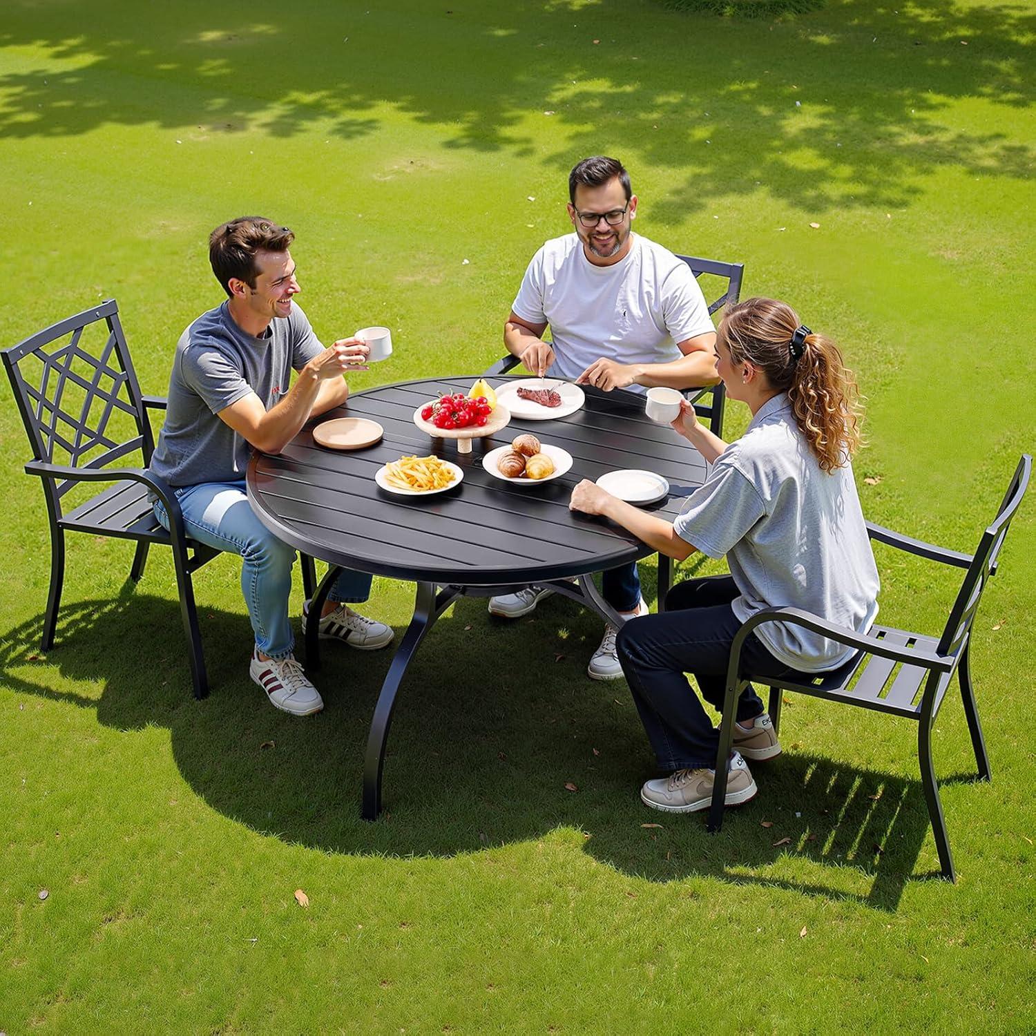 imageVEVOR Outdoor Patio Dining Table 41 inch Round WoodLike Steel Slat Backyard Bistro Coffee Tables for 4 with 15 in Umbrella Hole Outside AllWeather Large Furniture for Lawn Garden Porch47 inch