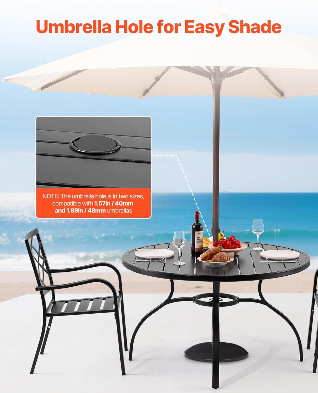 imageVEVOR Outdoor Patio Dining Table 41 inch Round WoodLike Steel Slat Backyard Bistro Coffee Tables for 4 with 15 in Umbrella Hole Outside AllWeather Large Furniture for Lawn Garden Porch47 inch
