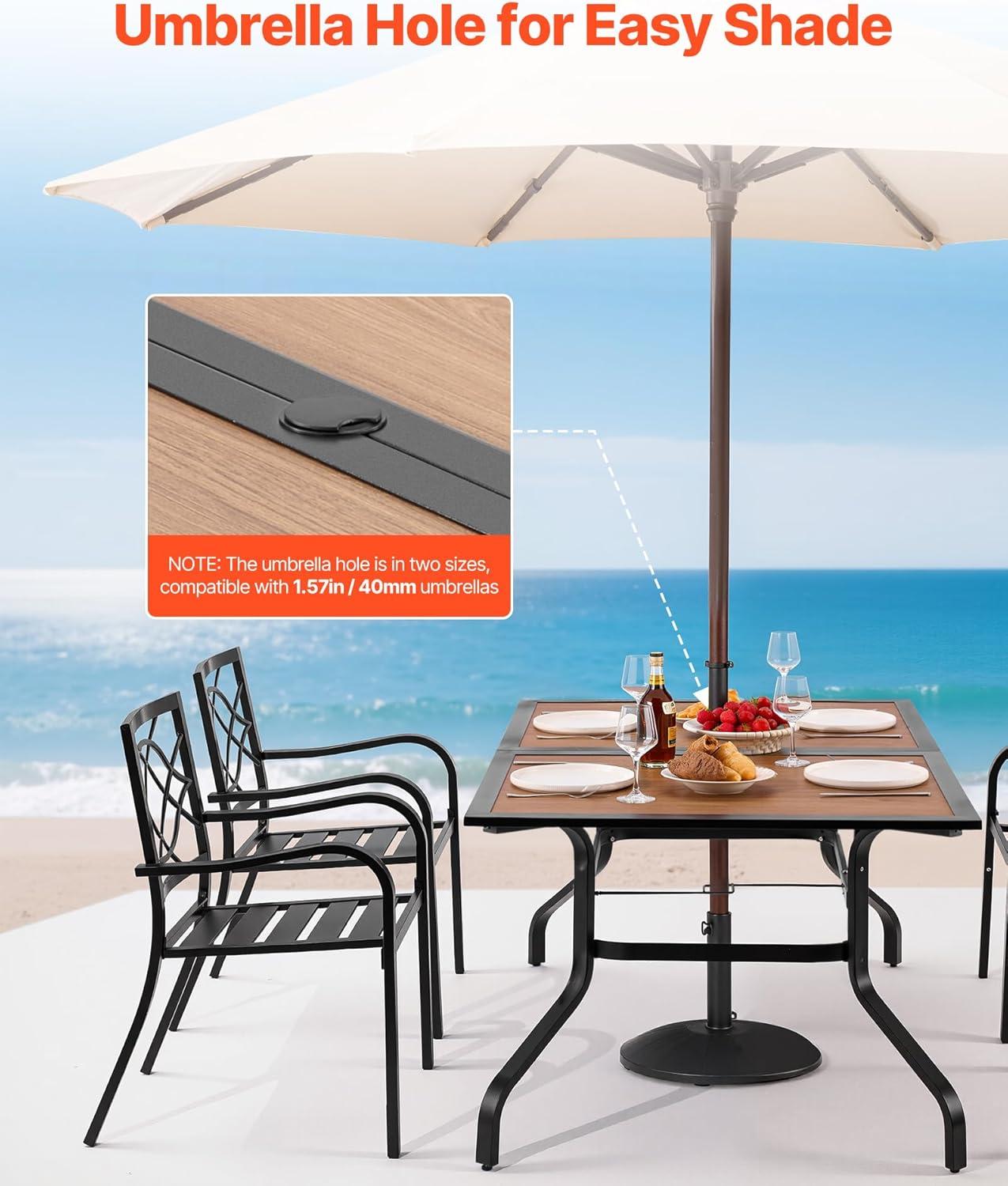 imageVEVOR Outdoor Patio Dining Table 59 inch Long Rectangular WoodLike Steel Slat Backyard Bistro Tables for 46 with 15 in Umbrella Hole AllWeather Large Furniture for Lawn Garden Porch Brown