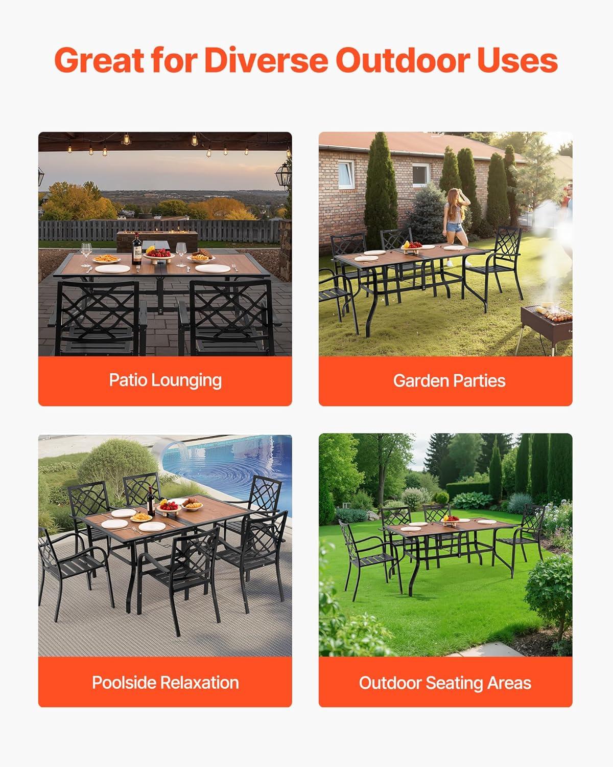 imageVEVOR Outdoor Patio Dining Table 59 inch Long Rectangular WoodLike Steel Slat Backyard Bistro Tables for 46 with 15 in Umbrella Hole AllWeather Large Furniture for Lawn Garden Porch Brown