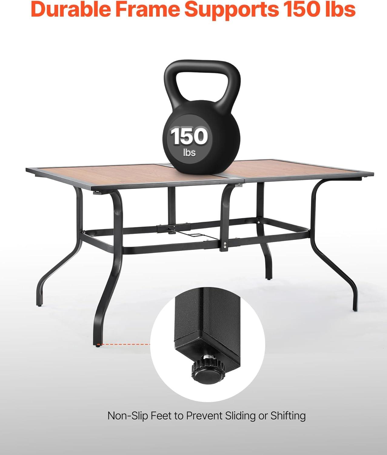 imageVEVOR Outdoor Patio Dining Table 59 inch Long Rectangular WoodLike Steel Slat Backyard Bistro Tables for 46 with 15 in Umbrella Hole AllWeather Large Furniture for Lawn Garden Porch Brown