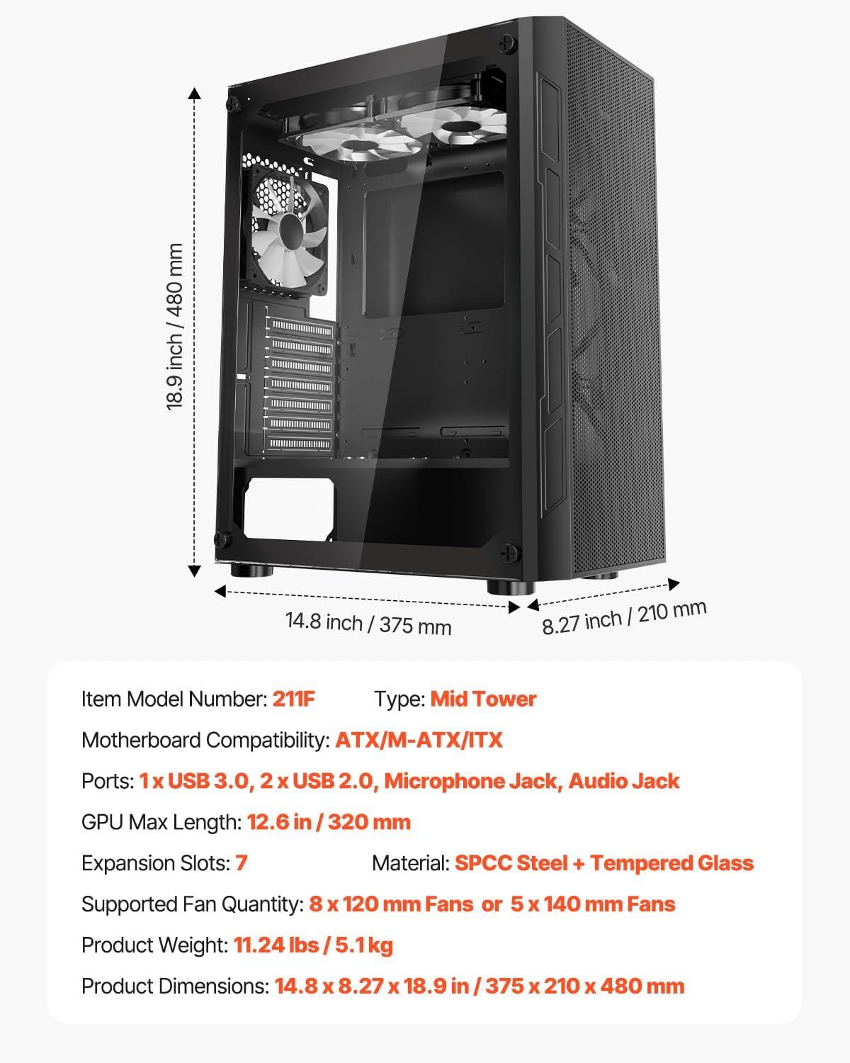 imageVEVOR PC Gaming Case MidTower Computer Case with HighAirflow Tempered Glass Panel Dust Filter 2 x 120 mm Fans Cable Management for GPU up to 360 mm in Length Compatible with ATXMATXITXMidTower