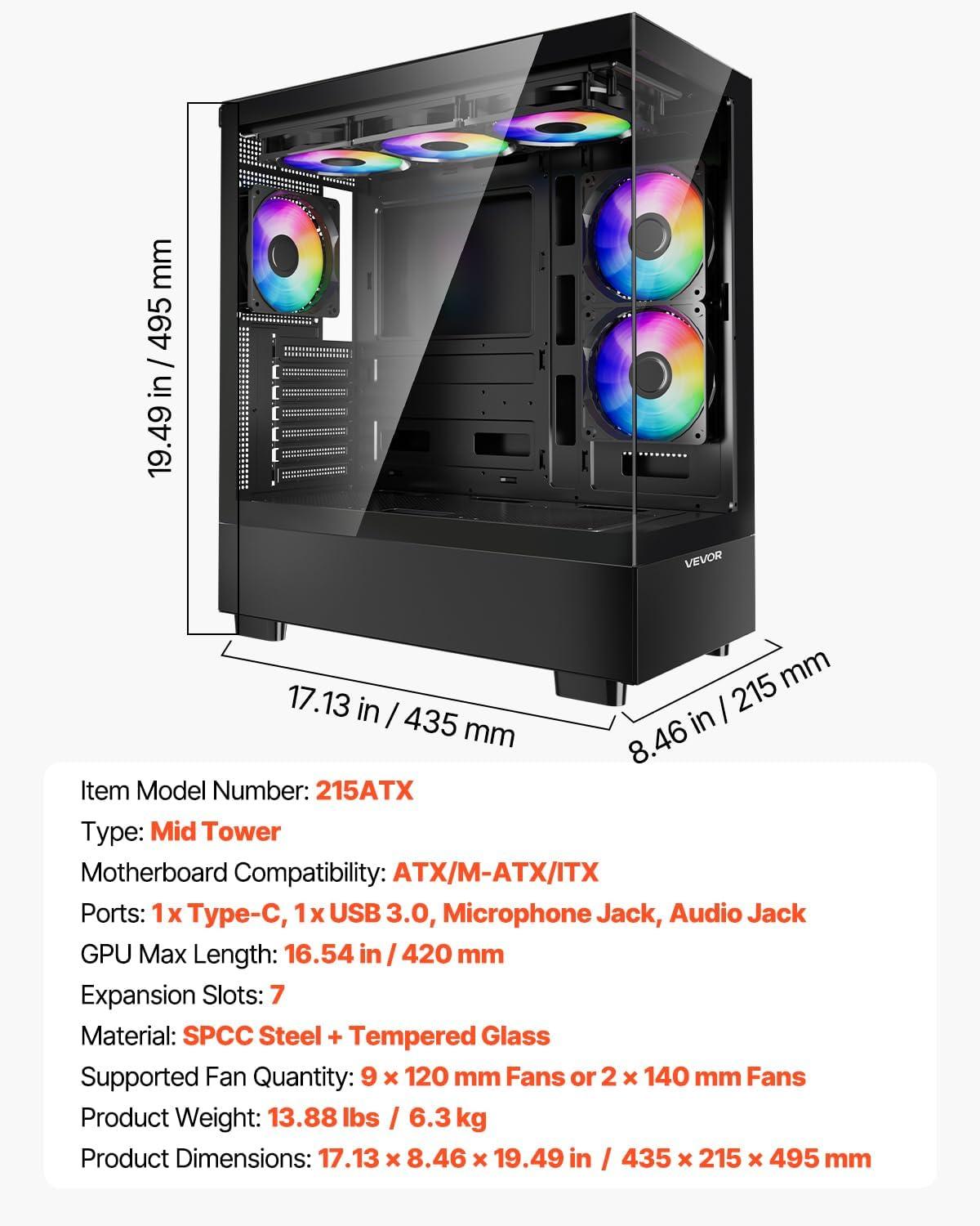 imageVEVOR PC Gaming Case MidTower Computer Case with HighAirflow Tempered Glass Panel Dust Filter 2 x 120 mm Fans Cable Management for GPU up to 360 mm in Length Compatible with ATXMATXITXMidTower