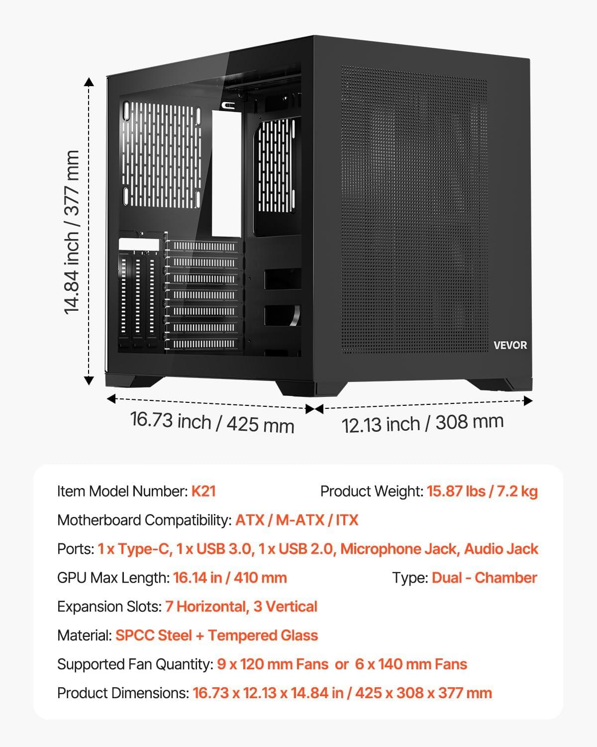 imageVEVOR PC Gaming Case MidTower Computer Case with HighAirflow Tempered Glass Panel Dust Filter 2 x 120 mm Fans Cable Management for GPU up to 360 mm in Length Compatible with ATXMATXITXMidTower