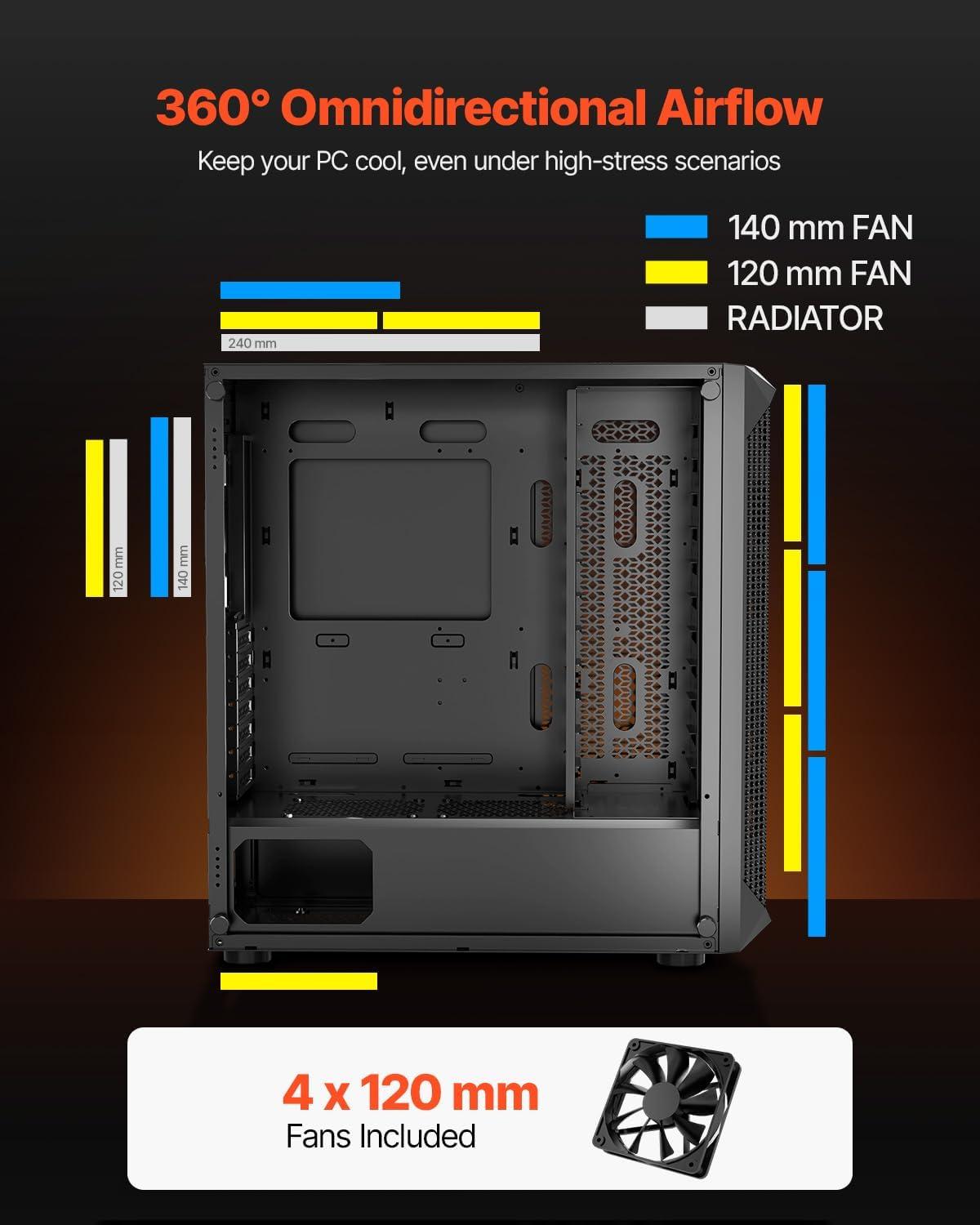 imageVEVOR PC Gaming Case MidTower Computer Case with HighAirflow Tempered Glass Panel Dust Filter 2 x 120 mm Fans Cable Management for GPU up to 360 mm in Length Compatible with ATXMATXITXMidTower