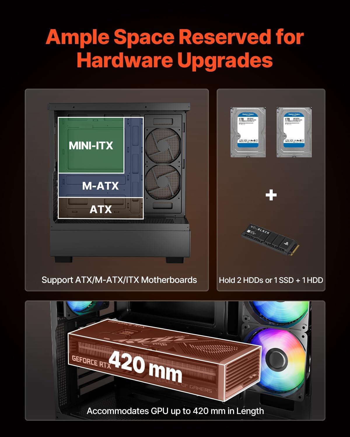 imageVEVOR PC Gaming Case MidTower Computer Case with HighAirflow Tempered Glass Panel Dust Filter 2 x 120 mm Fans Cable Management for GPU up to 360 mm in Length Compatible with ATXMATXITXMidTower