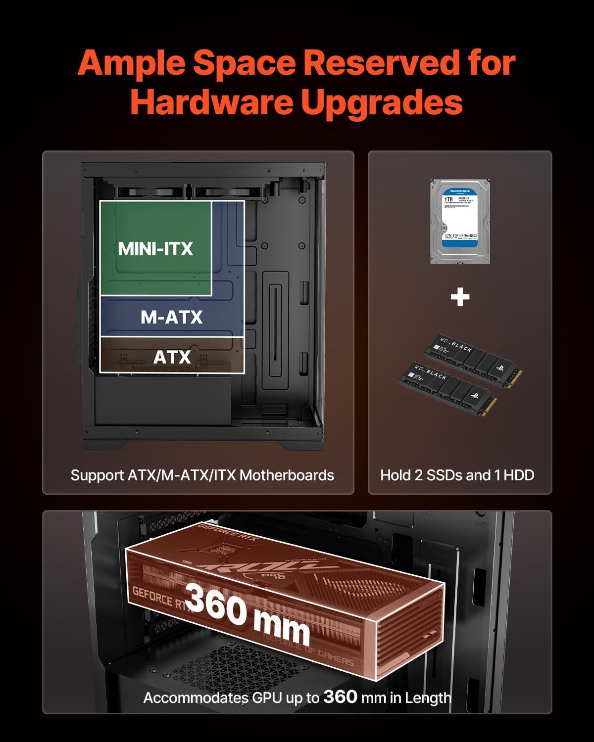 imageVEVOR PC Gaming Case MidTower Computer Case with HighAirflow Tempered Glass Panel Dust Filter 2 x 120 mm Fans Cable Management for GPU up to 360 mm in Length Compatible with ATXMATXITXMidTower