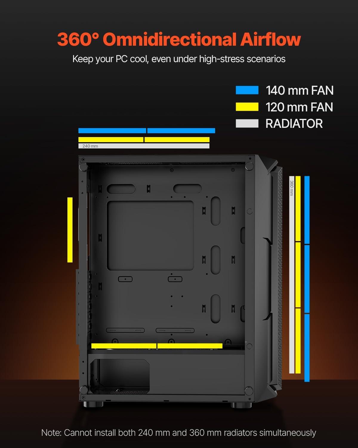 imageVEVOR PC Gaming Case MidTower Computer Case with HighAirflow Tempered Glass Panel Dust Filter 2 x 120 mm Fans Cable Management for GPU up to 360 mm in Length Compatible with ATXMATXITXMidTower