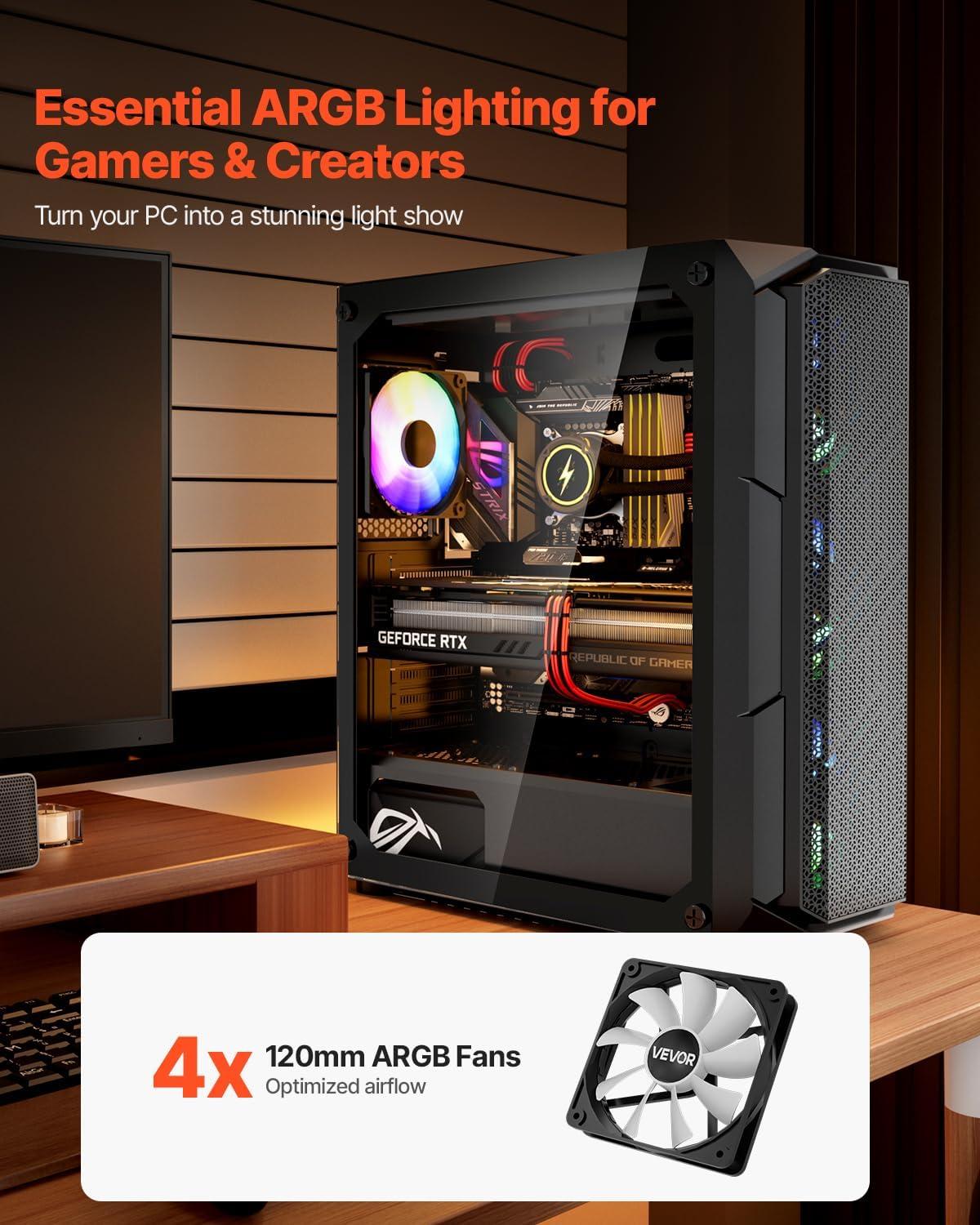 imageVEVOR PC Gaming Case MidTower Computer Case with HighAirflow Tempered Glass Panel Dust Filter 2 x 120 mm Fans Cable Management for GPU up to 360 mm in Length Compatible with ATXMATXITXMidTower