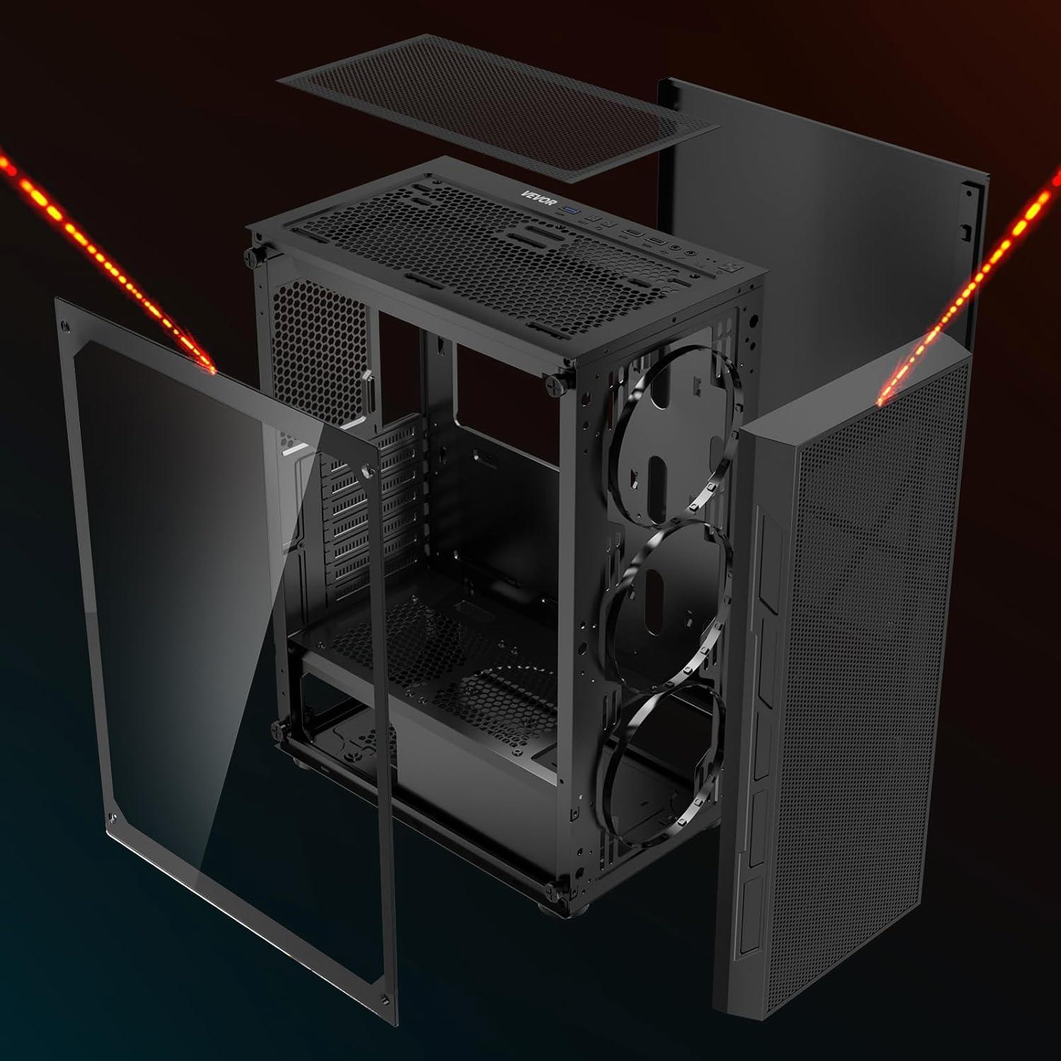 imageVEVOR PC Gaming Case MidTower Computer Case with HighAirflow Tempered Glass Panel Dust Filter 2 x 120 mm Fans Cable Management for GPU up to 360 mm in Length Compatible with ATXMATXITXMidTower
