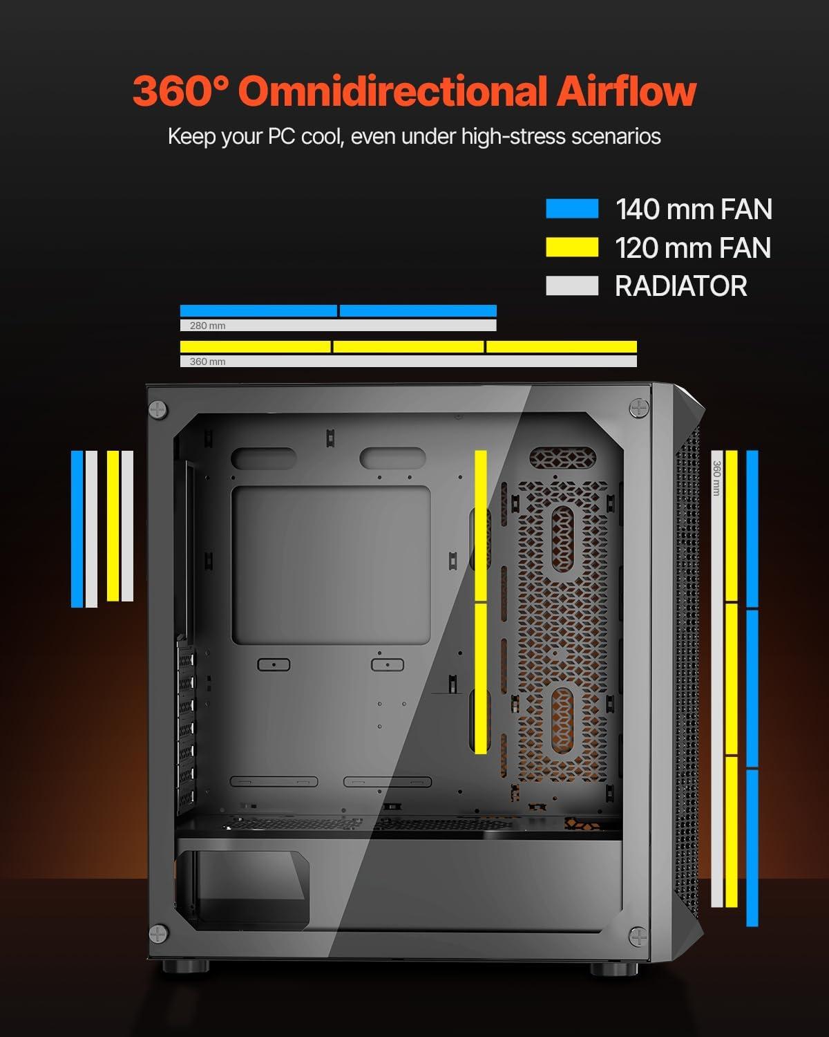imageVEVOR PC Gaming Case MidTower Computer Case with HighAirflow Tempered Glass Panel Dust Filter 2 x 120 mm Fans Cable Management for GPU up to 360 mm in Length Compatible with ATXMATXITXFullTower