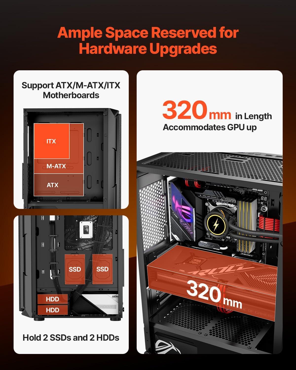 imageVEVOR PC Gaming Case MidTower Computer Case with HighAirflow Tempered Glass Panel Dust Filter 2 x 120 mm Fans Cable Management for GPU up to 360 mm in Length Compatible with ATXMATXITXMidTower