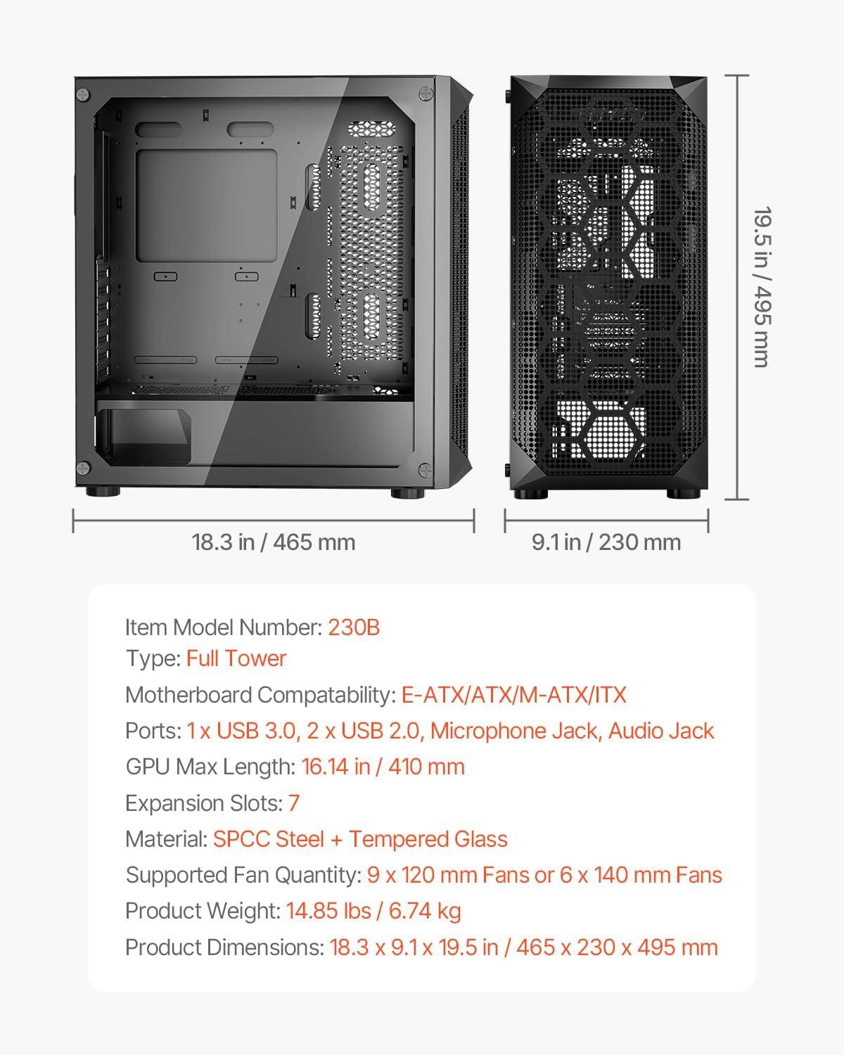 imageVEVOR PC Gaming Case MidTower Computer Case with HighAirflow Tempered Glass Panel Dust Filter 2 x 120 mm Fans Cable Management for GPU up to 360 mm in Length Compatible with ATXMATXITXFullTower