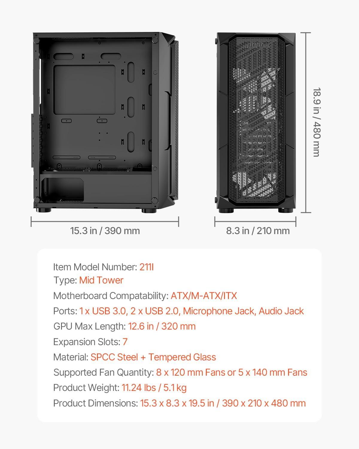 imageVEVOR PC Gaming Case MidTower Computer Case with HighAirflow Tempered Glass Panel Dust Filter 2 x 120 mm Fans Cable Management for GPU up to 360 mm in Length Compatible with ATXMATXITXMidTower