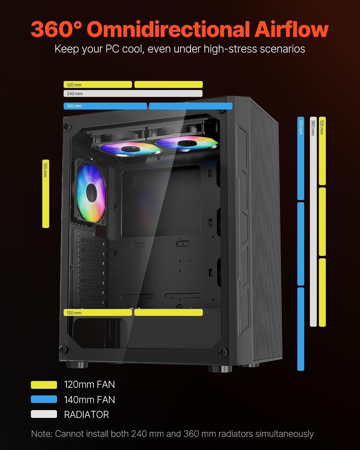 imageVEVOR PC Gaming Case MidTower Computer Case with HighAirflow Tempered Glass Panel Dust Filter 2 x 120 mm Fans Cable Management for GPU up to 360 mm in Length Compatible with ATXMATXITXMidTower