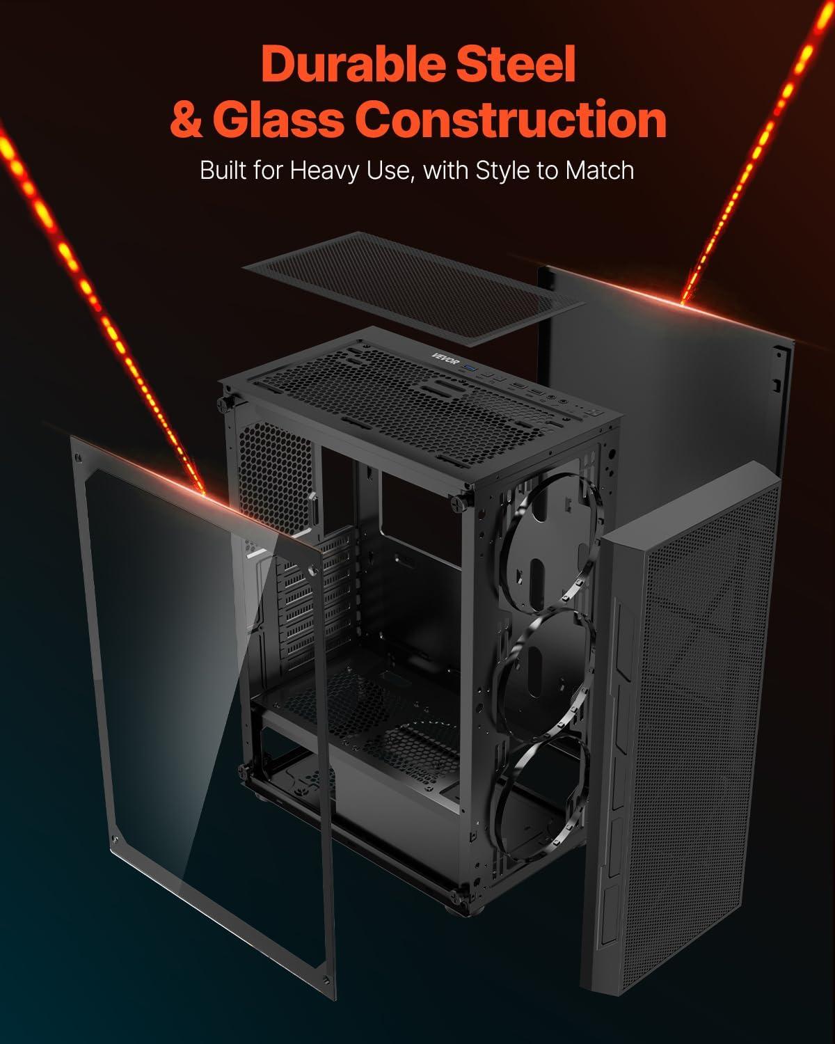 imageVEVOR PC Gaming Case MidTower Computer Case with HighAirflow Tempered Glass Panel Dust Filter 2 x 120 mm Fans Cable Management for GPU up to 360 mm in Length Compatible with ATXMATXITXMidTower