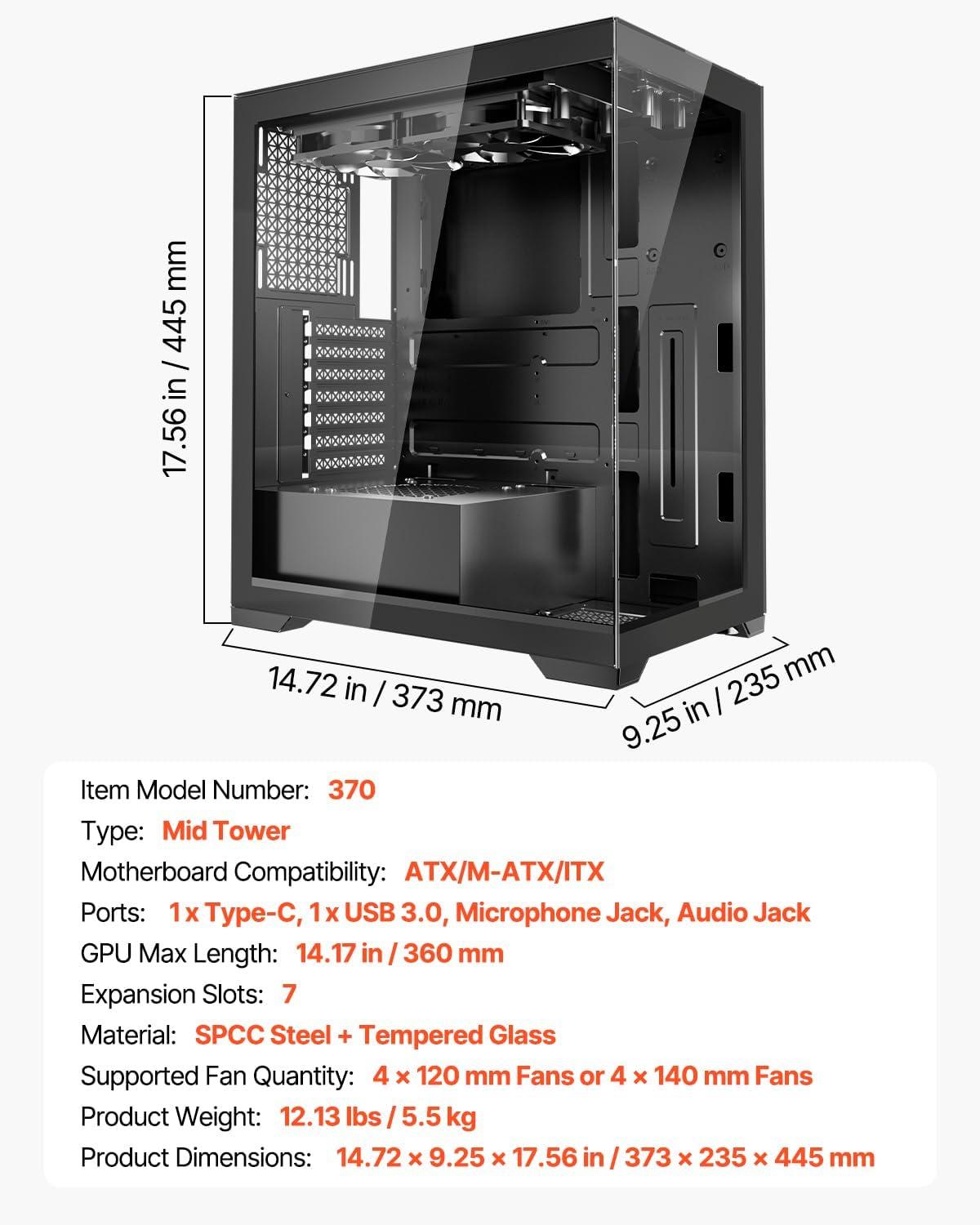 imageVEVOR PC Gaming Case MidTower Computer Case with HighAirflow Tempered Glass Panel Dust Filter 2 x 120 mm Fans Cable Management for GPU up to 360 mm in Length Compatible with ATXMATXITXMidTower