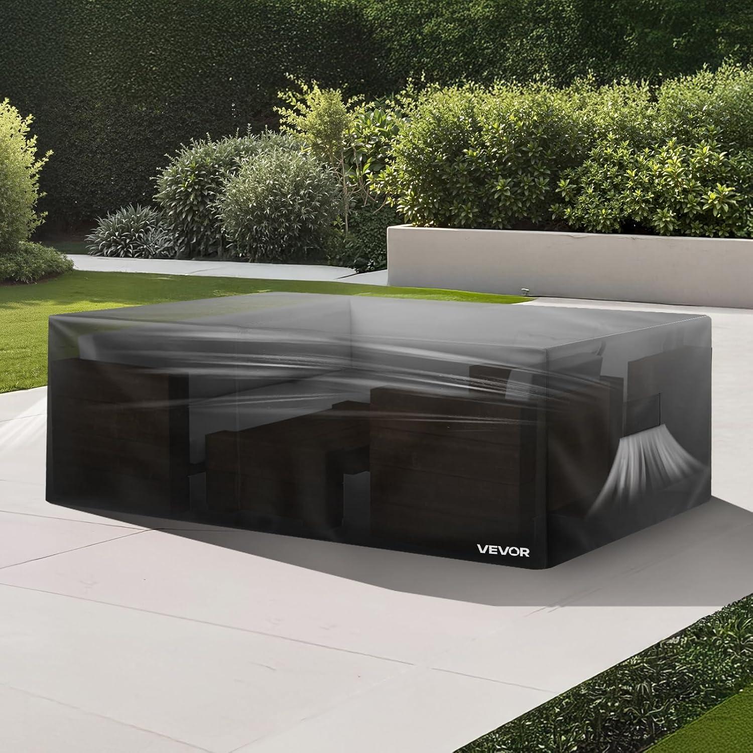 imageVEVOR Patio Furniture Cover 420D Heavy Duty Waterproof Outdoor Dining Table and Chairs Cover Large Rectangular Patio Table Covers with Air Vent for All Weather 126L x 63W x 28H inch Black