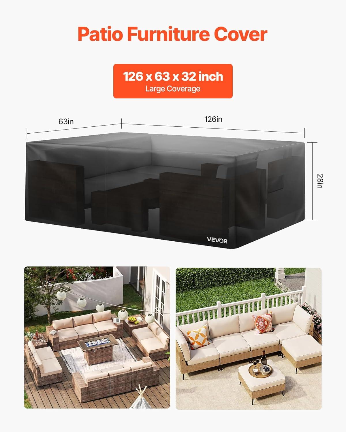 imageVEVOR Patio Furniture Cover 420D Heavy Duty Waterproof Outdoor Dining Table and Chairs Cover Large Rectangular Patio Table Covers with Air Vent for All Weather 126L x 63W x 28H inch Black