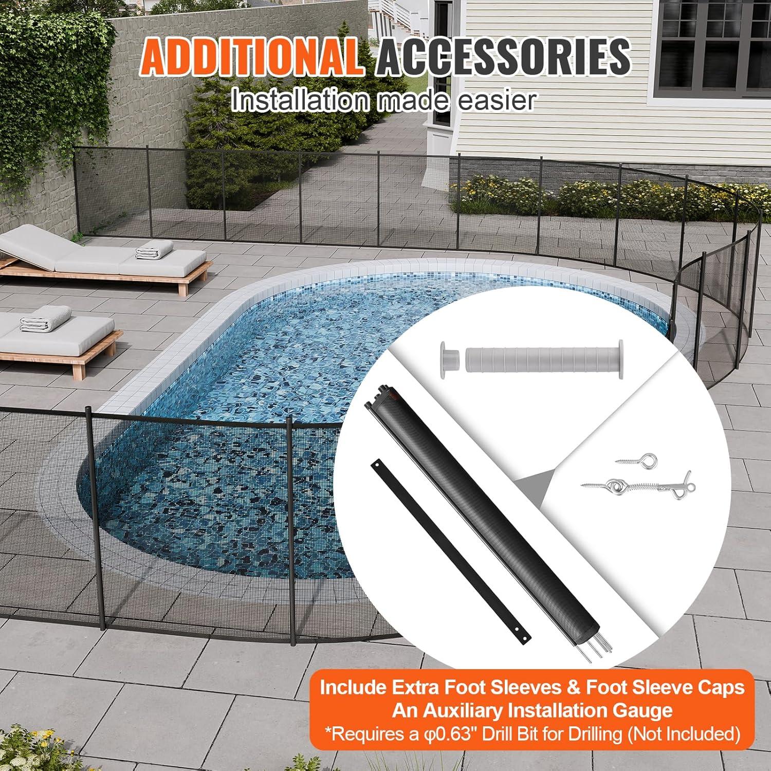 imageVEVOR Pool Fence 4 x 12 FT Pool Fences for Inground Pools Removable Pool Fencing Easy DIY Installation Swimming Pool Fence 340gms Teslin PVC Pool Fence Mesh Protects Kids and PetsStainless Feet