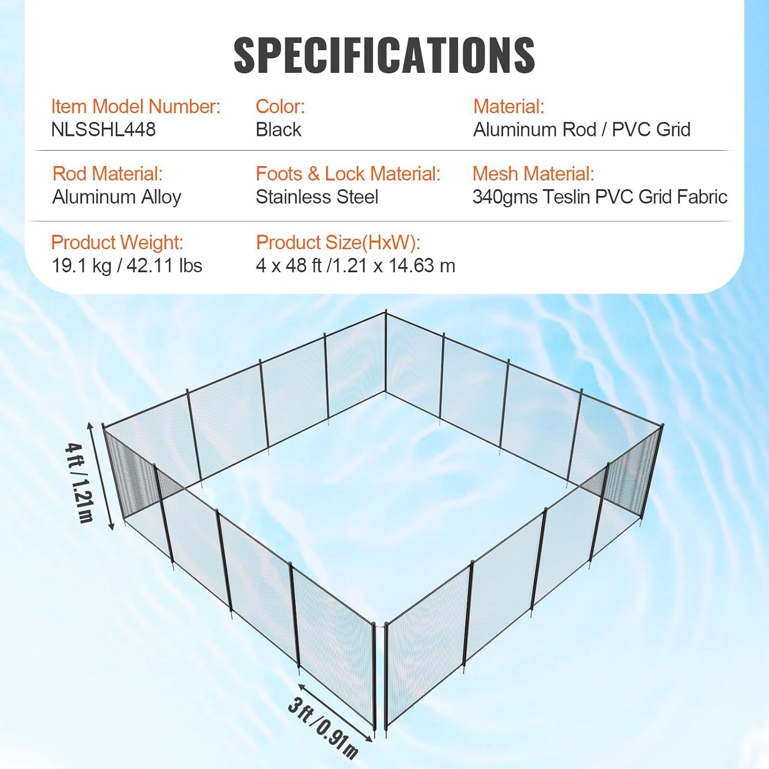 imageVEVOR Pool Fence 4 x 12 FT Pool Fences for Inground Pools Removable Pool Fencing Easy DIY Installation Swimming Pool Fence 340gms Teslin PVC Pool Fence Mesh Protects Kids and Pets4FTx48FT