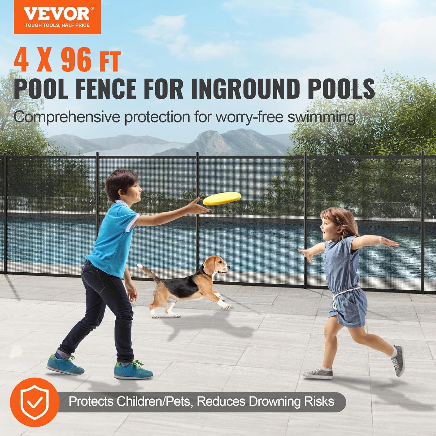 imageVEVOR Pool Fence 4 x 12 FT Pool Fences for Inground Pools Removable Pool Fencing Easy DIY Installation Swimming Pool Fence 340gms Teslin PVC Pool Fence Mesh Protects Kids and PetsStainless Feet