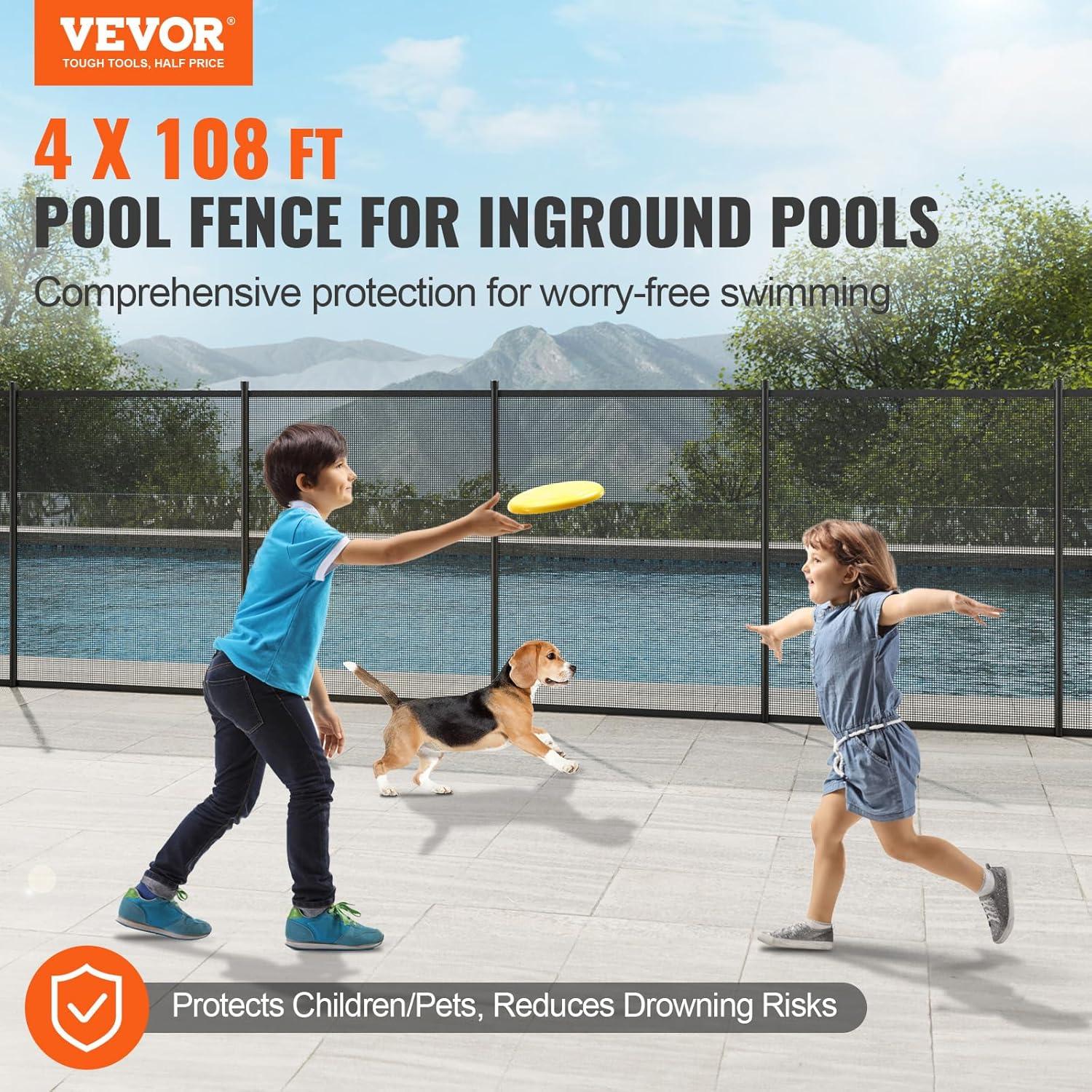 imageVEVOR Pool Fence 4 x 12 FT Pool Fences for Inground Pools Removable Pool Fencing Easy DIY Installation Swimming Pool Fence 340gms Teslin PVC Pool Fence Mesh Protects Kids and Pets4FTx108FT
