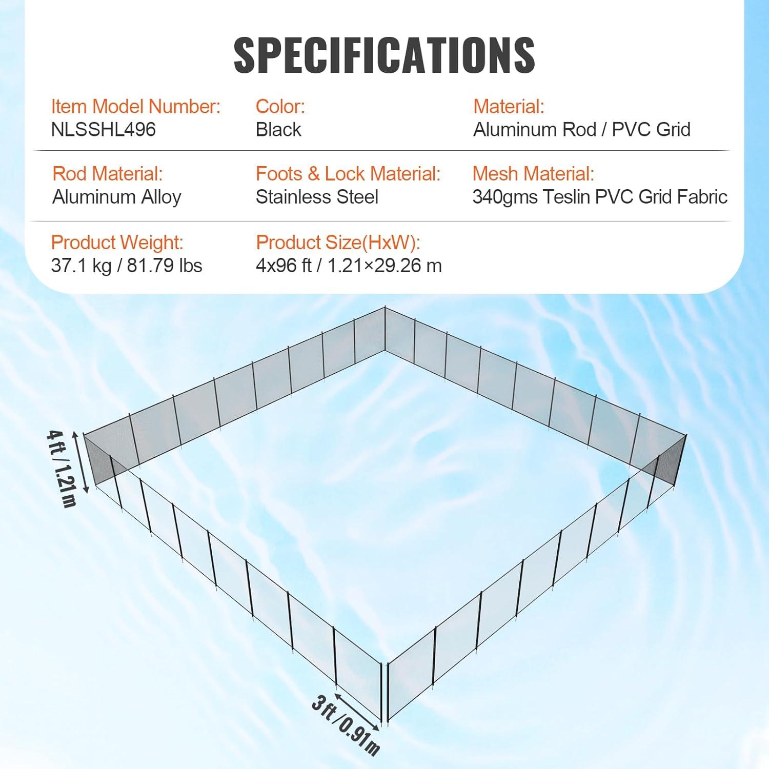 imageVEVOR Pool Fence 4 x 12 FT Pool Fences for Inground Pools Removable Pool Fencing Easy DIY Installation Swimming Pool Fence 340gms Teslin PVC Pool Fence Mesh Protects Kids and Pets4FTx96FT