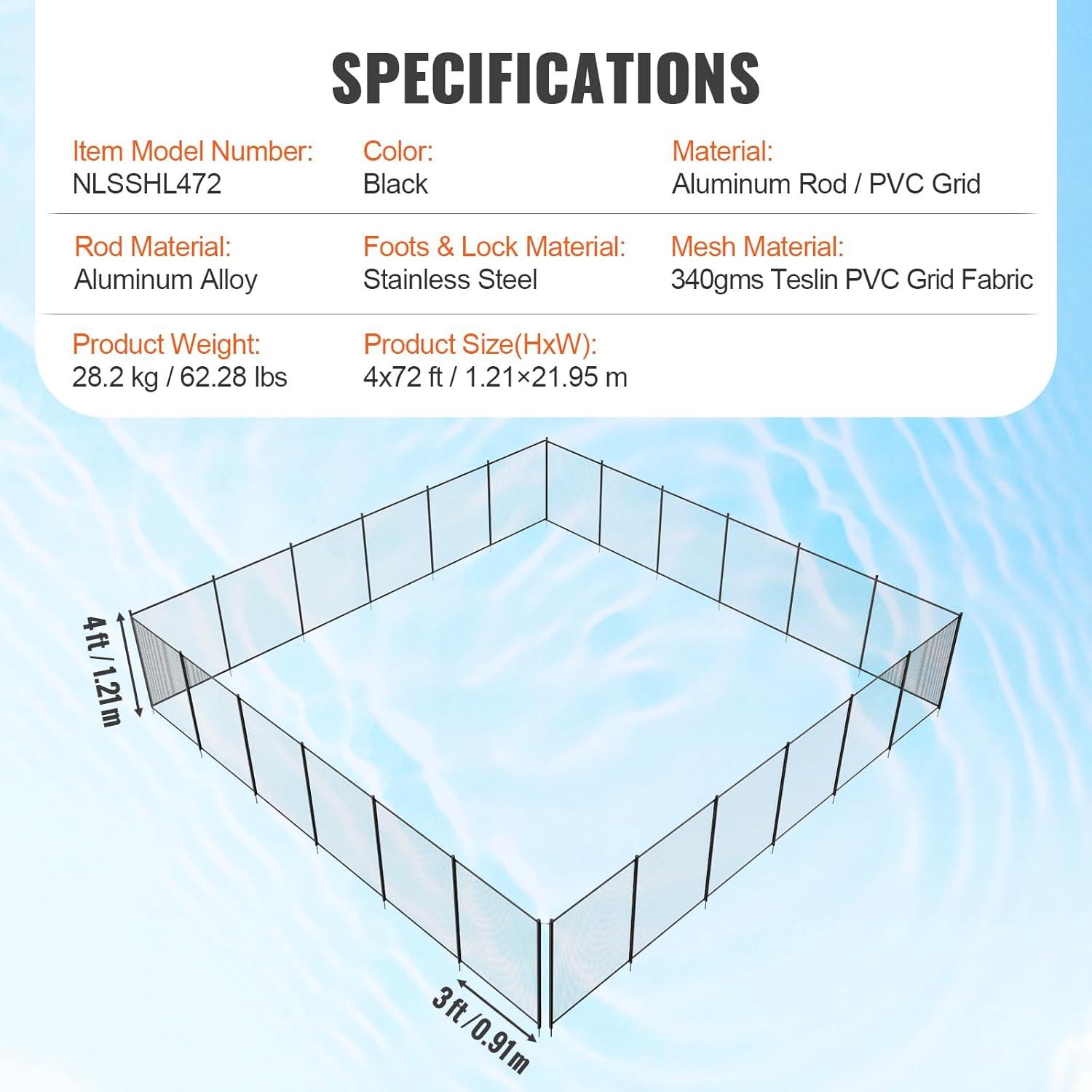 imageVEVOR Pool Fence 4 x 12 FT Pool Fences for Inground Pools Removable Pool Fencing Easy DIY Installation Swimming Pool Fence 340gms Teslin PVC Pool Fence Mesh Protects Kids and Pets4FTx72FT