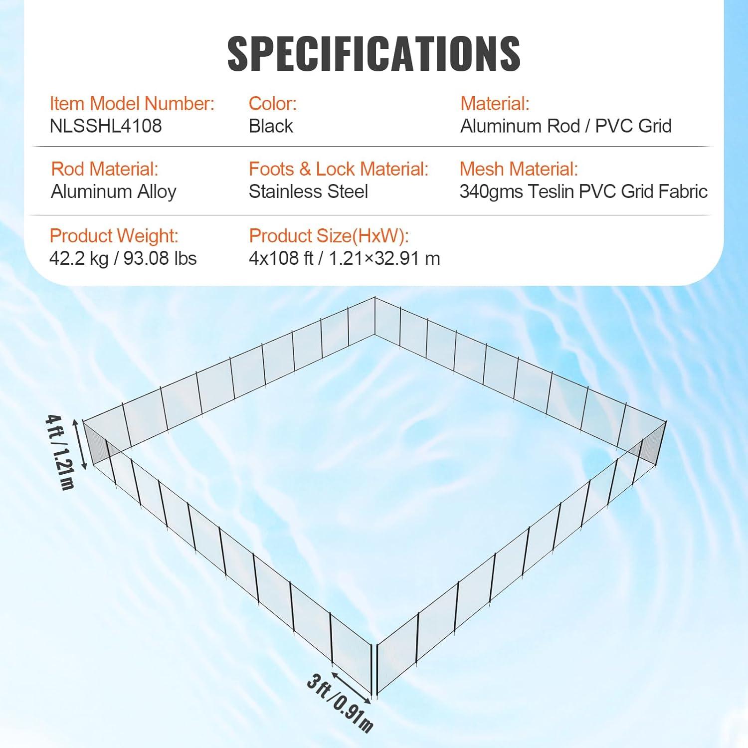 imageVEVOR Pool Fence 4 x 12 FT Pool Fences for Inground Pools Removable Pool Fencing Easy DIY Installation Swimming Pool Fence 340gms Teslin PVC Pool Fence Mesh Protects Kids and Pets4FTx108FT