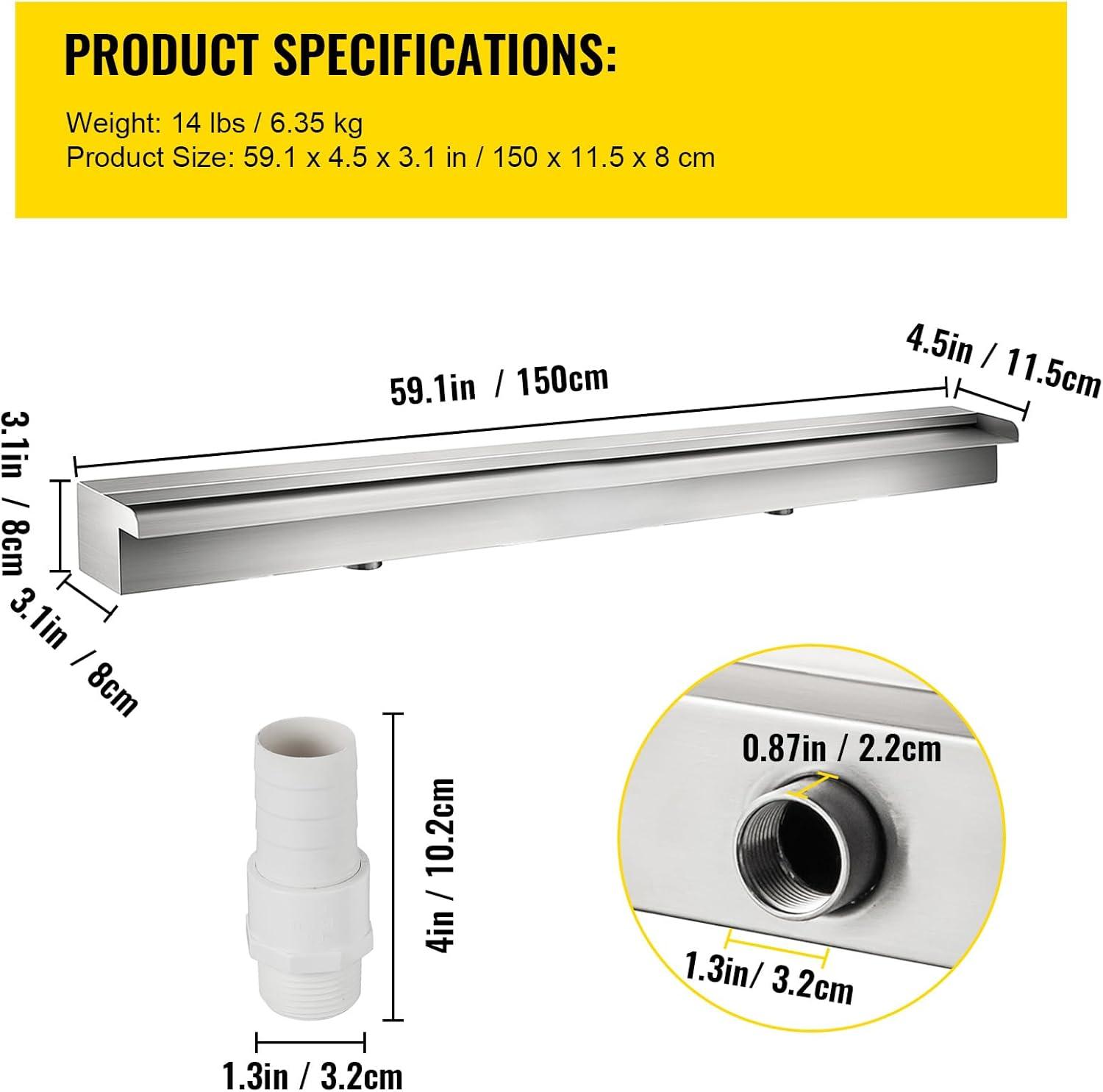 imageVEVOR Pool Fountain Stainless Steel Pool Waterfall Spillway with Pipe Connector Rectangular Garden Outdoor 591quot59in