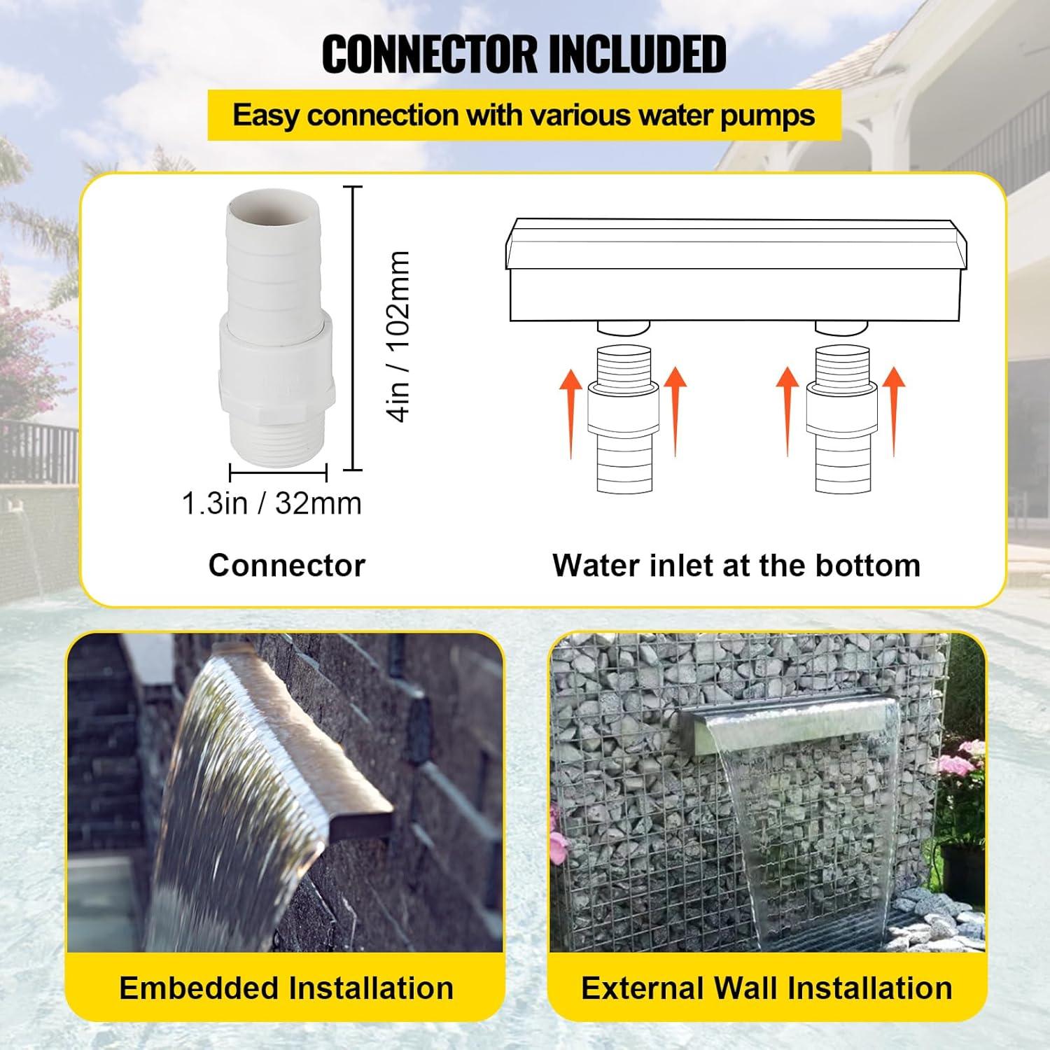 imageVEVOR Pool Fountain Stainless Steel Pool Waterfall Spillway with Pipe Connector Rectangular Garden Outdoor 591quot59in