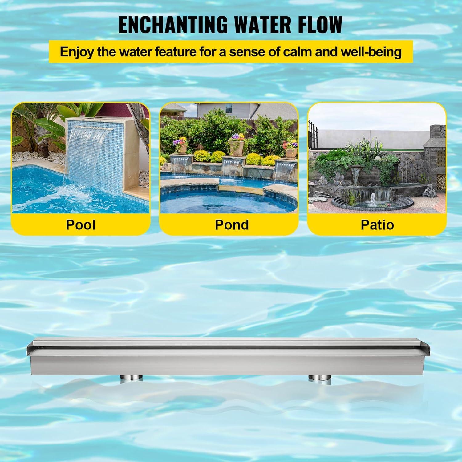 imageVEVOR Pool Fountain Stainless Steel Pool Waterfall Spillway with Pipe Connector Rectangular Garden Outdoor 591quot59in