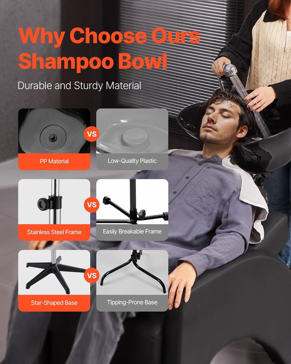 imageVEVOR Portable Shampoo Bowl Shampoo Sink for Washing Hair with Electric Pump Includes 2 Buckets 2 Showerheads Drain Hose Height and Angle Adjustable Portable Wash Bowl for Home Salon Use BlackHair sink w shower head